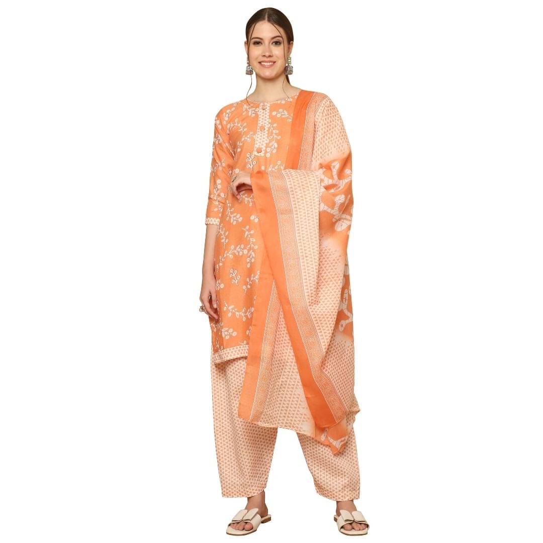    			Rajnandini Women Cotton Blend Printed Straight Kurti With Patiala Salwar ( Orange )