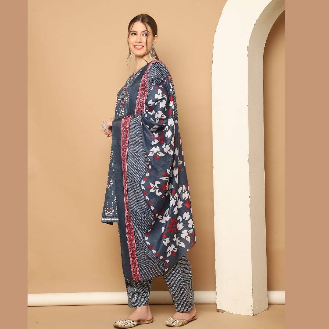 Rajnandini Women Cotton Blend Printed Straight Kurti With Patiala Salwar ( Grey )     			Rajnandini Women Cotton Blend Printed Straight Kurti With Patiala Salwar ( Grey )