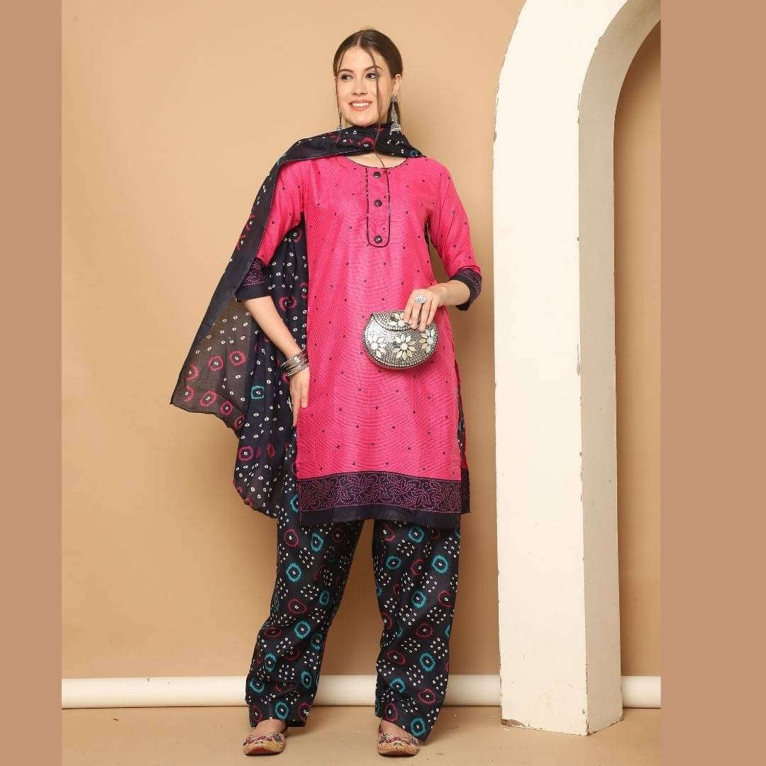     			Rajnandini Women Cotton Blend Printed Straight Kurti With Patiala Salwar ( Pink )