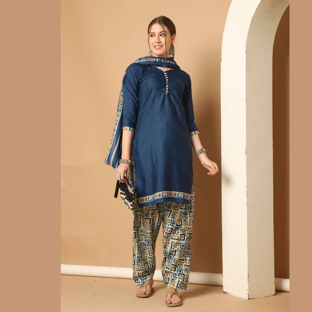     			Rajnandini Women Cotton Blend Printed Straight Kurti With Patiala Salwar ( Blue )