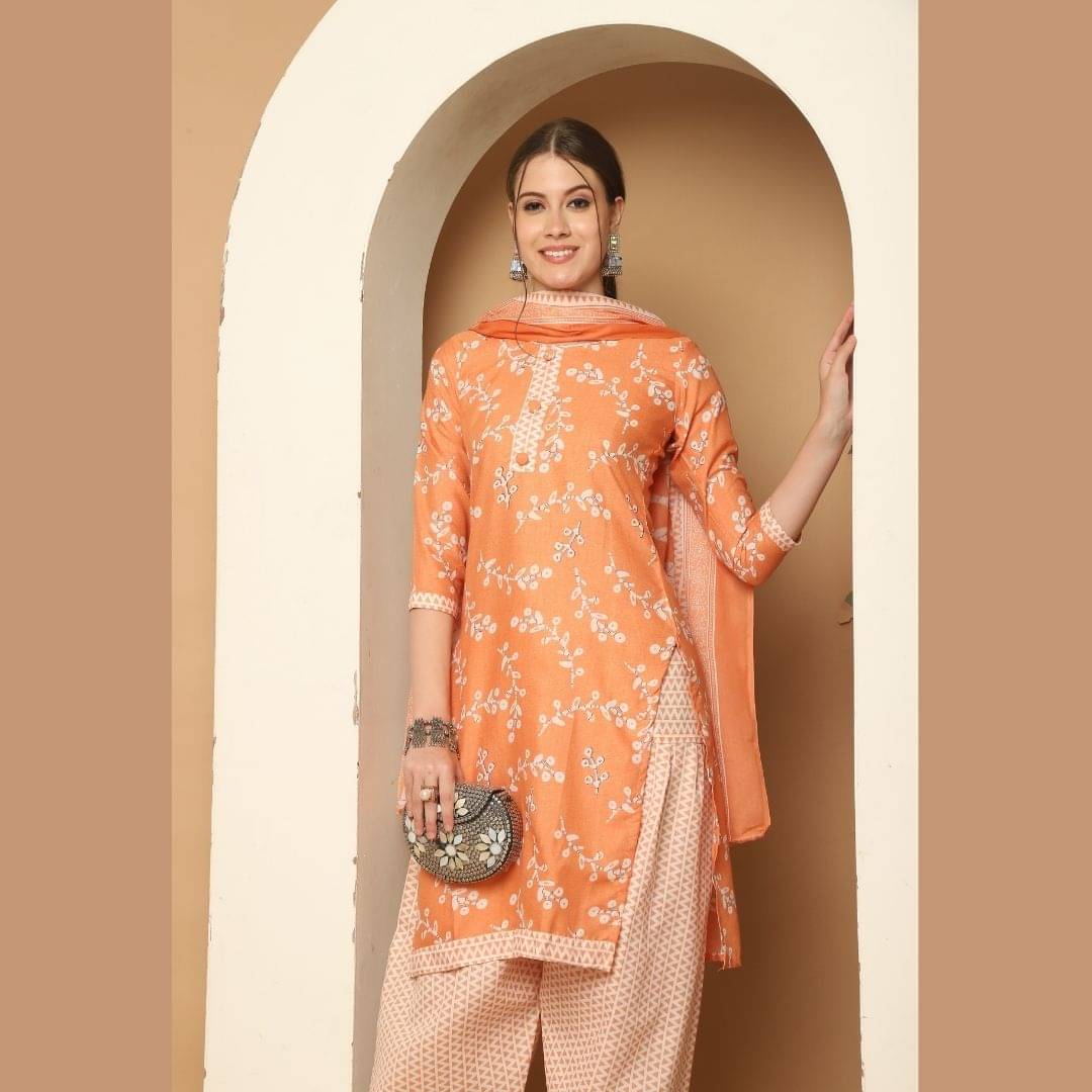 Rajnandini Women Cotton Blend Printed Straight Kurti With Patiala Salwar ( Orange ) Rajnandini Women Cotton Blend Printed Straight Kurti With Patiala Salwar ( Orange )