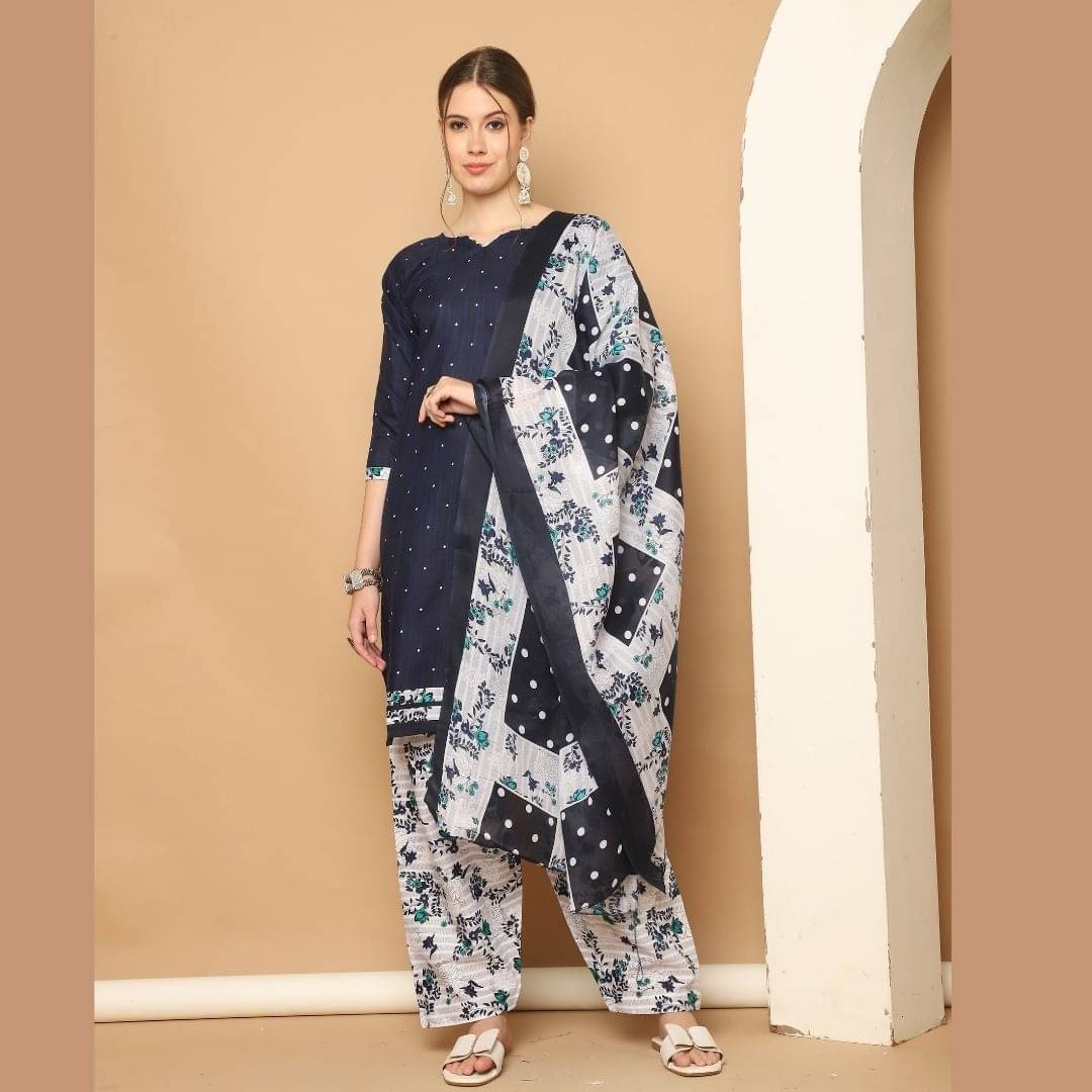     			Rajnandini Cotton Blend Printed Kurti With Patiala Women's Stitched Salwar Suit - Navy ( Pack of 1 )