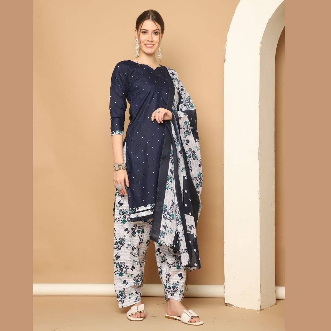 Rajnandini Cotton Blend Printed Kurti With Patiala Women's Stitched Salwar Suit - Navy ( Pack of 1 ) Rajnandini Cotton Blend Printed Kurti With Patiala Women's Stitched Salwar Suit - Navy ( Pack of 1 )