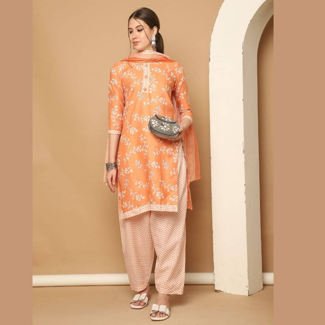     			Rajnandini Women Cotton Blend Printed Straight Kurti With Patiala Salwar ( Orange )