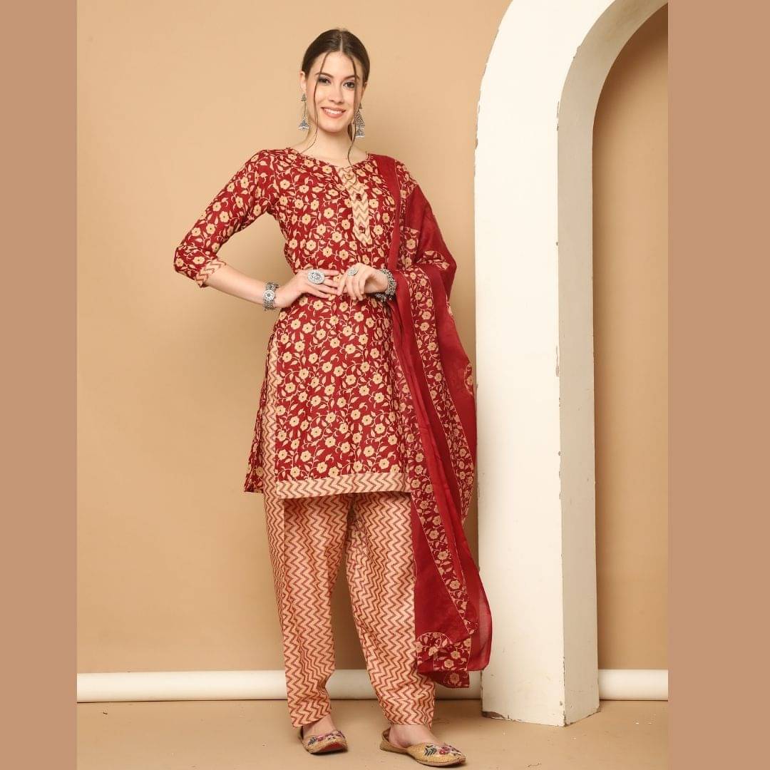 Rajnandini Women Cotton Blend Printed Straight Kurti With Patiala Salwar ( Maroon )     			Rajnandini Women Cotton Blend Printed Straight Kurti With Patiala Salwar ( Maroon )