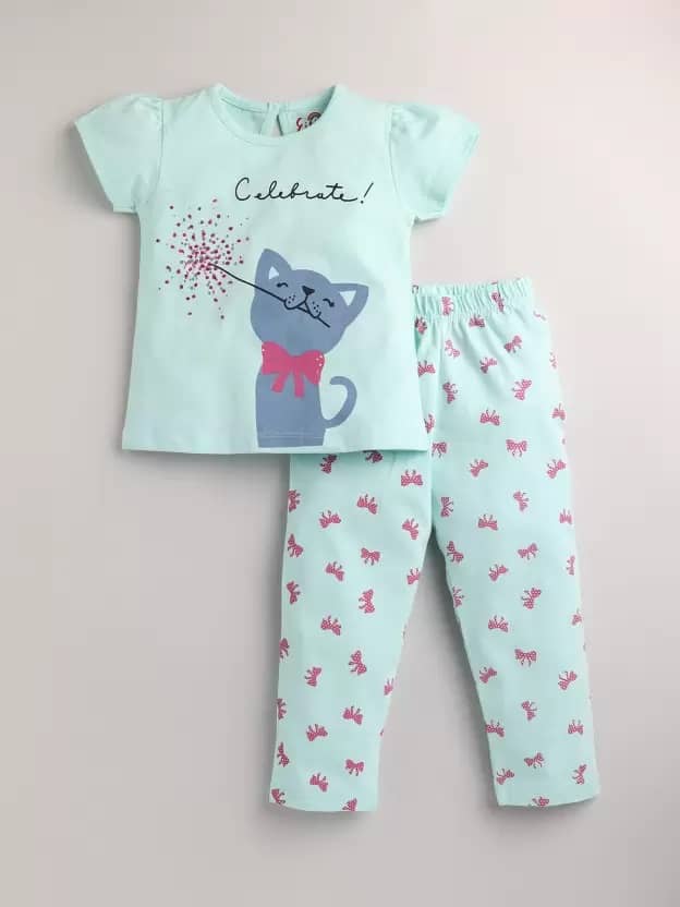 VELION Pack of 1 Girls Cotton Blend Top With Pajama ( Mint )