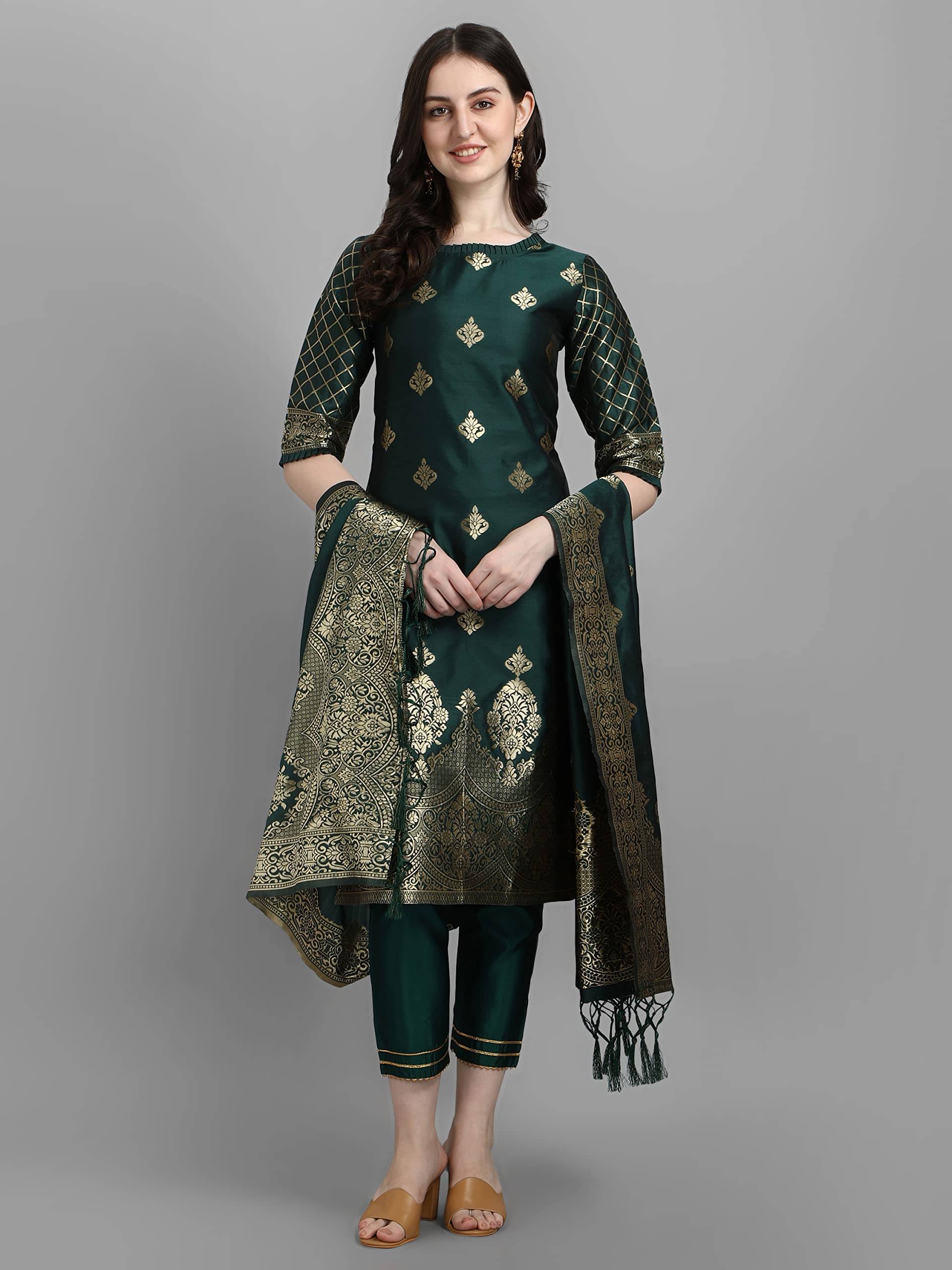 VredeVogel Cotton Silk Embellished Kurti With Pants Women's Stitched Salwar Suit - Green ( Pack of 1 )     			VredeVogel Cotton Silk Embellished Kurti With Pants Women's Stitched Salwar Suit - Green ( Pack of 1 )