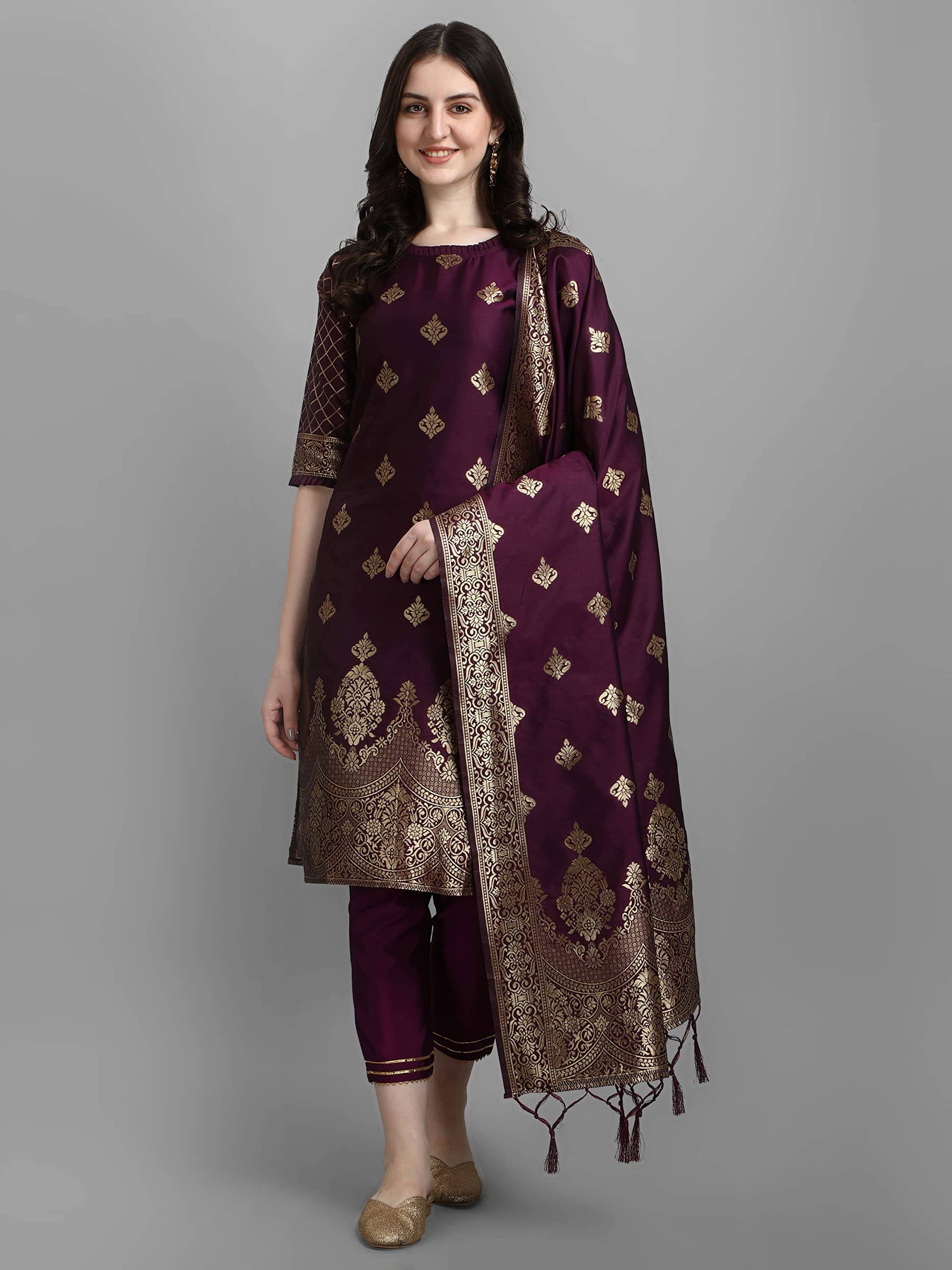 VredeVogel Cotton Silk Embellished Kurti With Pants Women's Stitched Salwar Suit - Purple ( Pack of 1 ) VredeVogel Cotton Silk Embellished Kurti With Pants Women's Stitched Salwar Suit - Purple ( Pack of 1 )