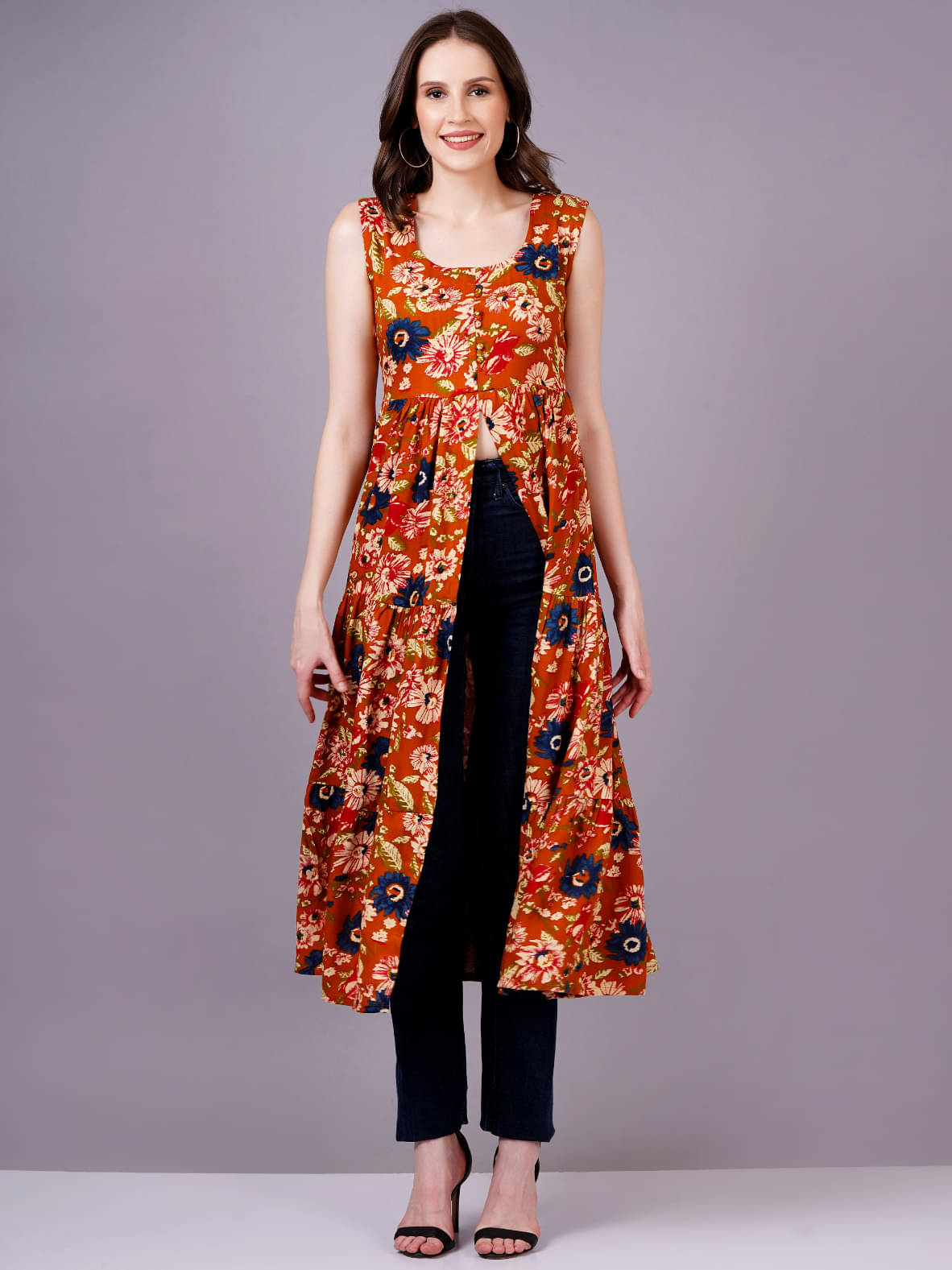     			HIGHLIGHT FASHION EXPORT Rayon Printed Straight Women's Kurti - Orange ( Pack of 1 )