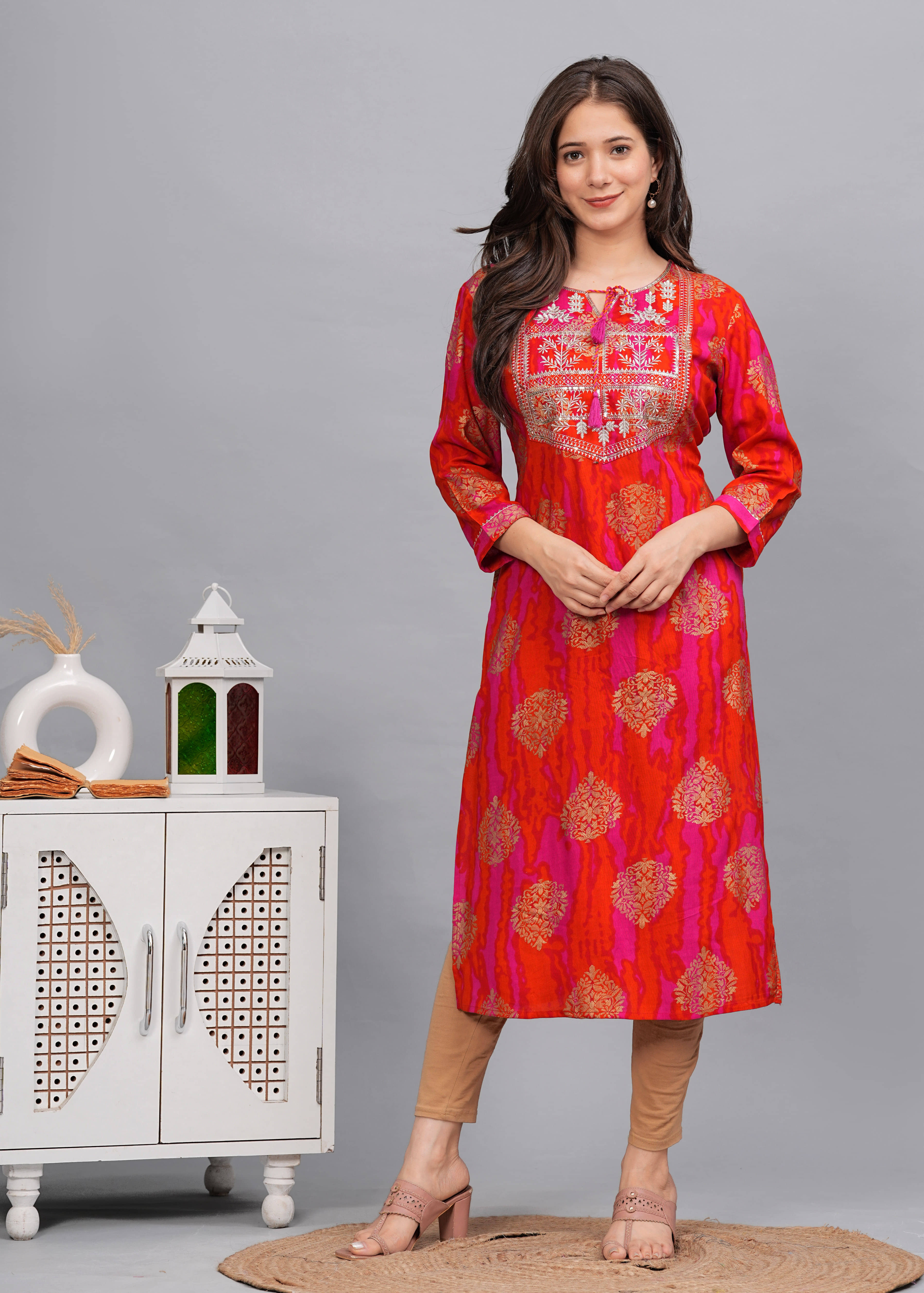 Kapadia Rayon Embroidered Straight Women's Kurti - Orange ( Pack of 1 ) - Kurtis, Tunics | Buy online on ZillyBuy
