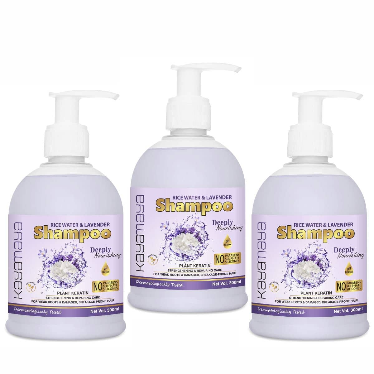 Rice Water Shampoo with Rice Water, Rice Keratin & Lavender Oil - Pack of 3