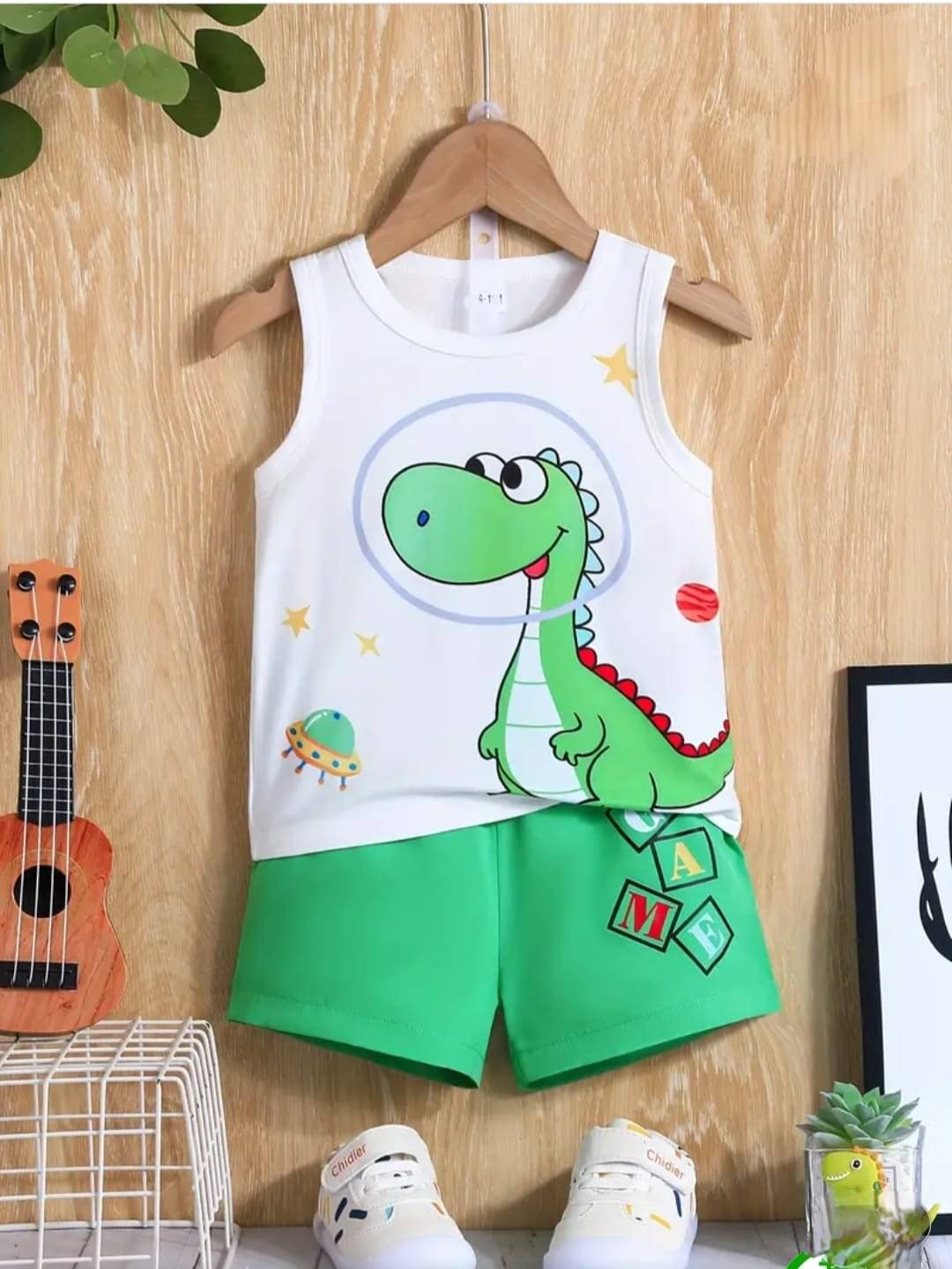     			MUSNAH GARMENTS Pack of 1 Unisex for Baby Cotton T-Shirt & Shorts ( White & Green )
