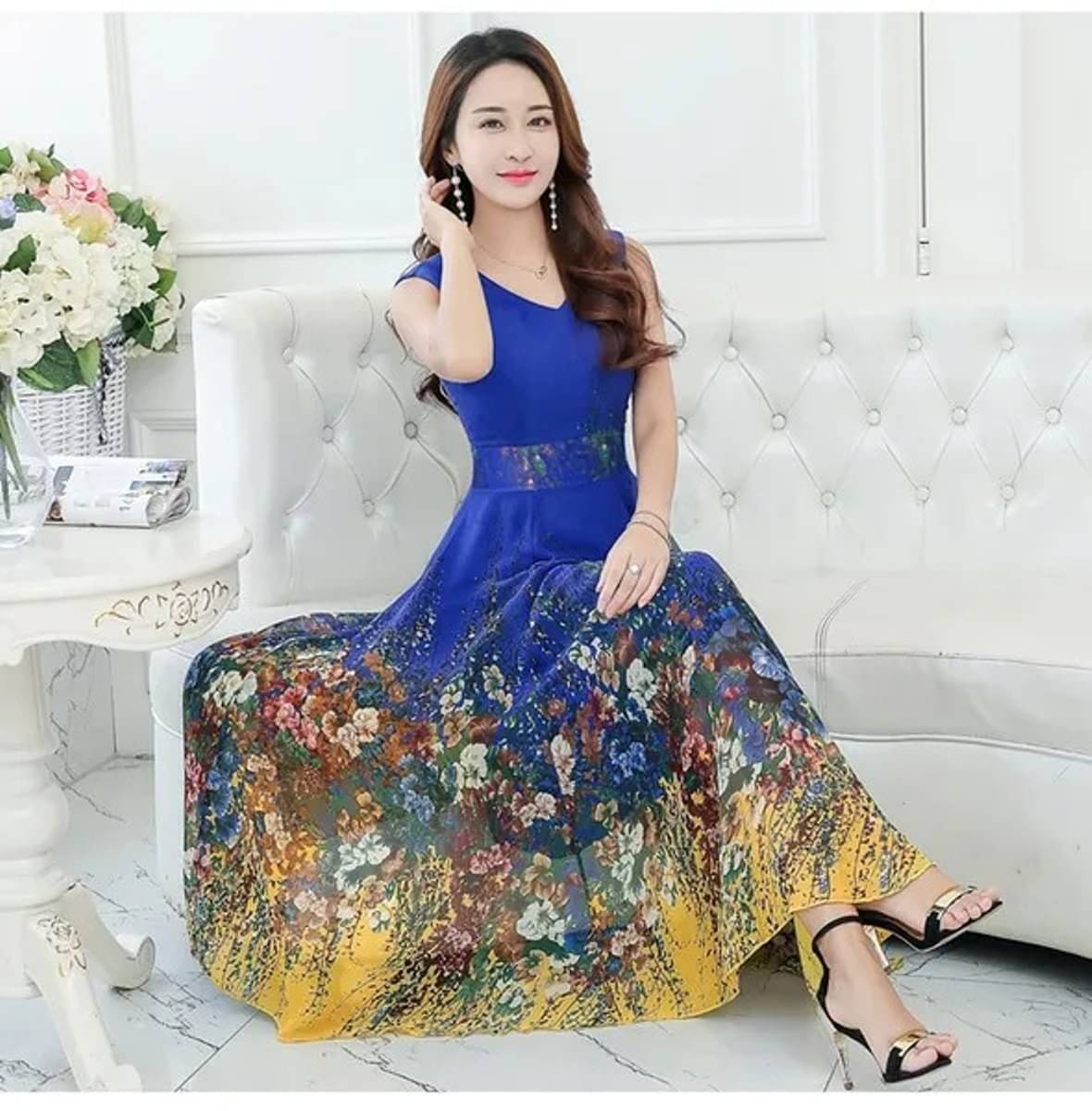 Raabta Fashion Women Georgette Printed Fit & Flare Dress ( Blue ) Raabta Fashion Women Georgette Printed Fit & Flare Dress ( Blue )
