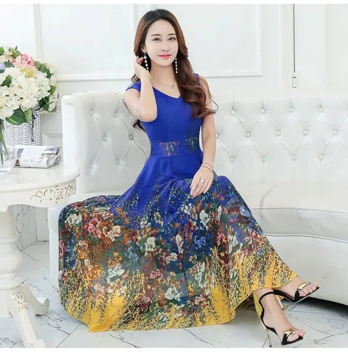 Raabta Fashion Women Georgette Printed Fit & Flare Dress ( Blue )