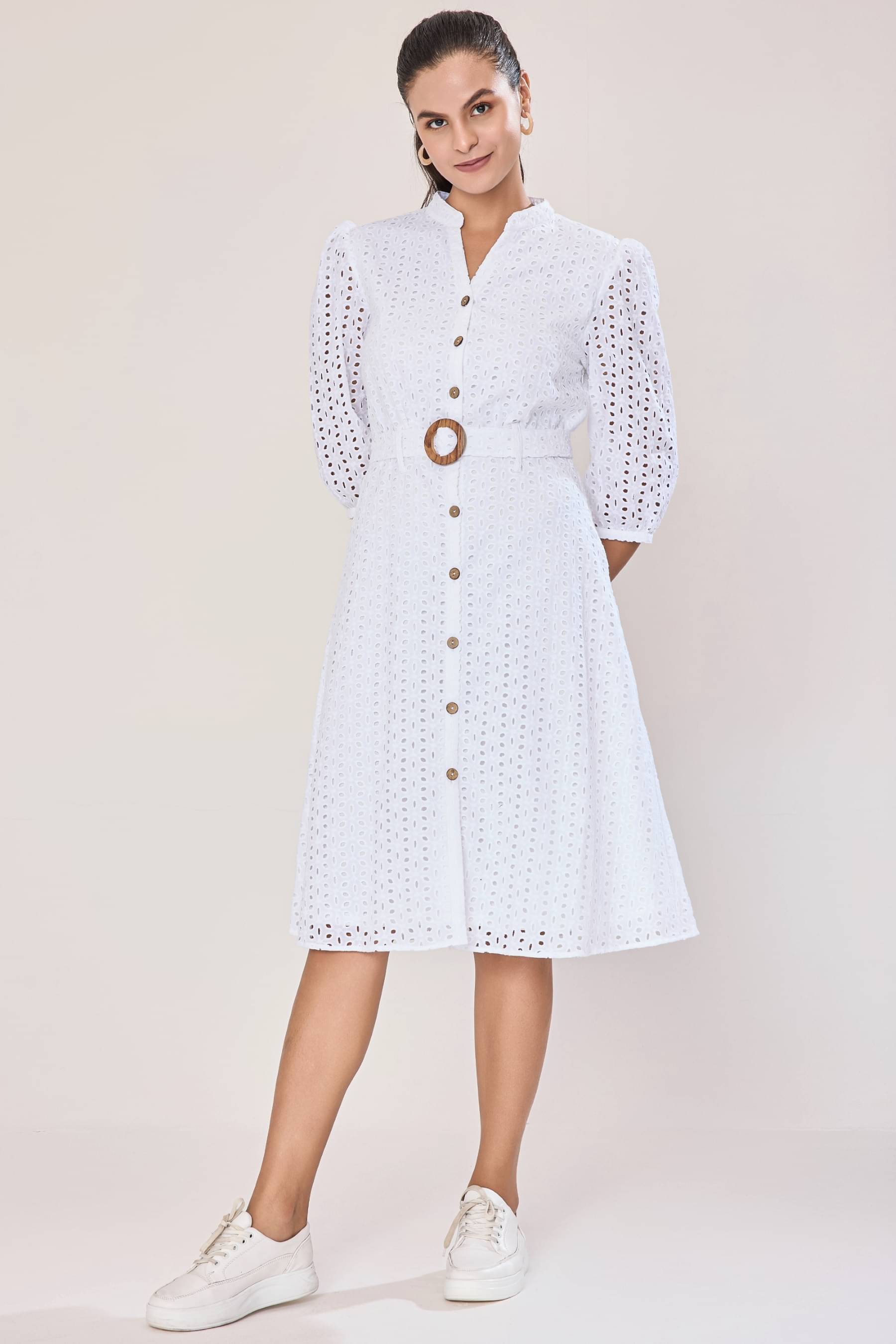 Urban Sundari Cotton Self Design Midi Women's A-line Dress - White ( Pack of 1 ) Urban Sundari Cotton Self Design Midi Women's A-line Dress - White ( Pack of 1 )