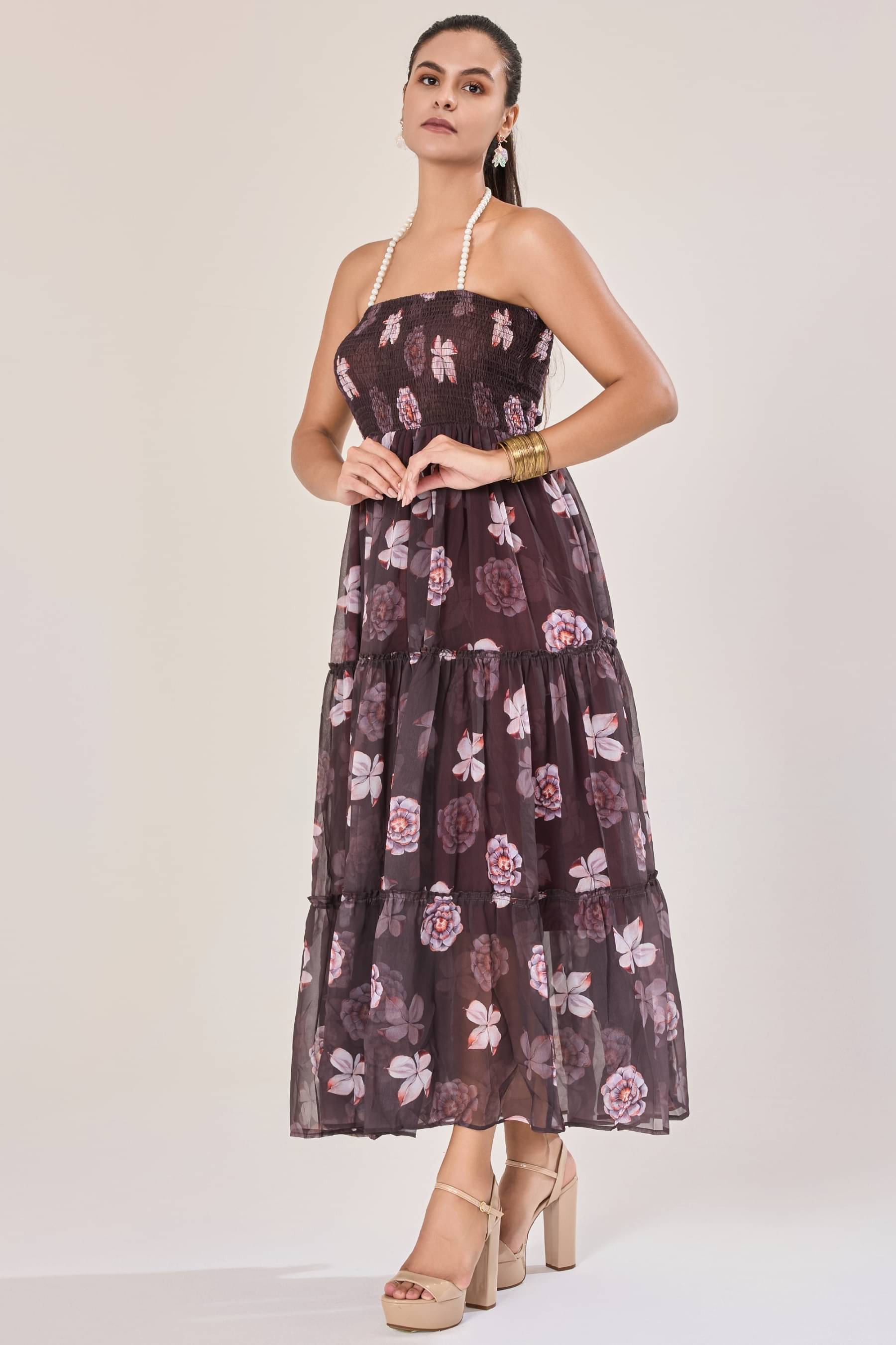 Urban Sundari Women Georgette Printed Off Shoulder Dress ( Brown ) Urban Sundari Women Georgette Printed Off Shoulder Dress ( Brown )