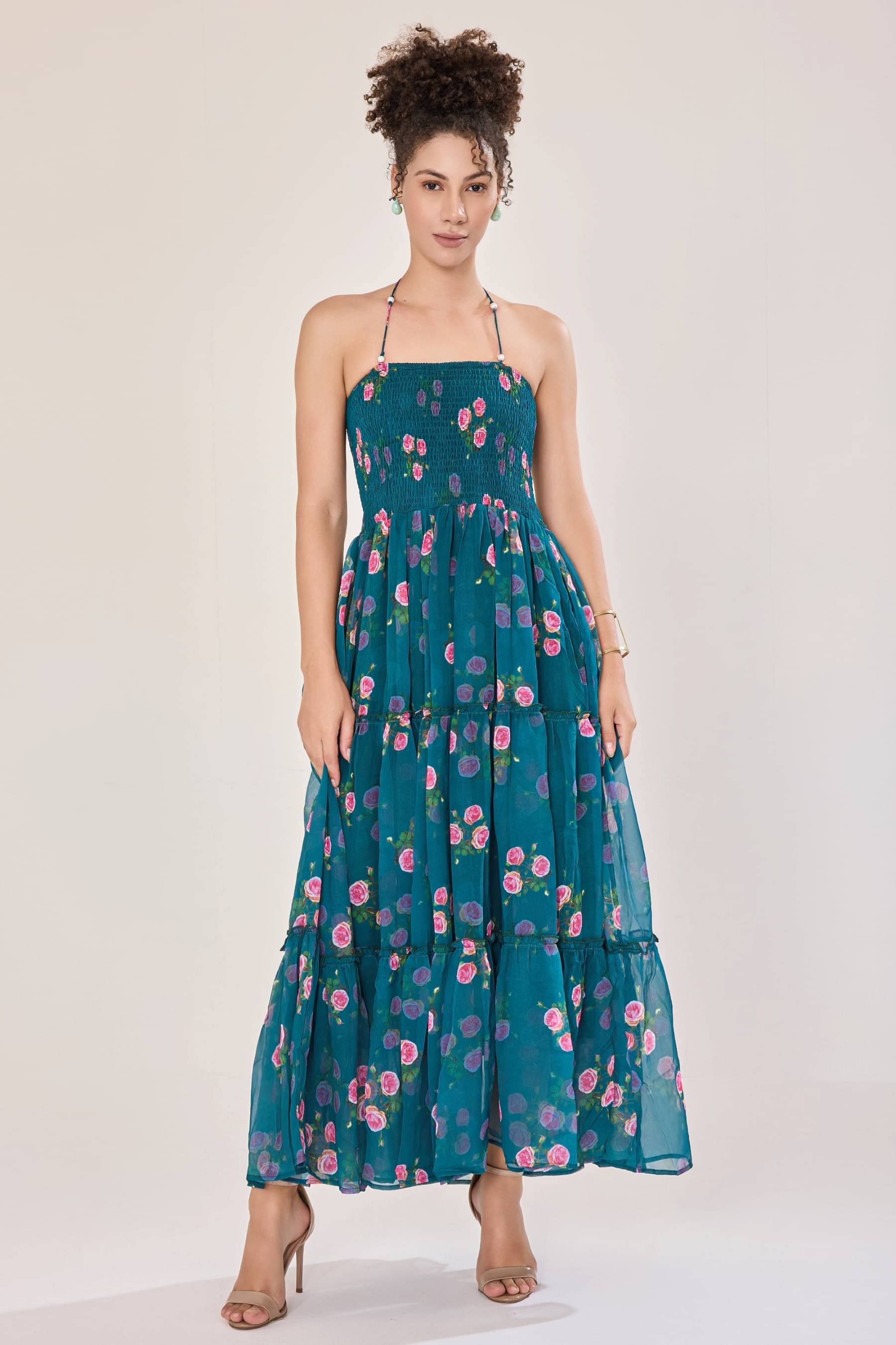Urban Sundari Women Georgette Printed Off Shoulder Dress ( Blue ) Urban Sundari Women Georgette Printed Off Shoulder Dress ( Blue )