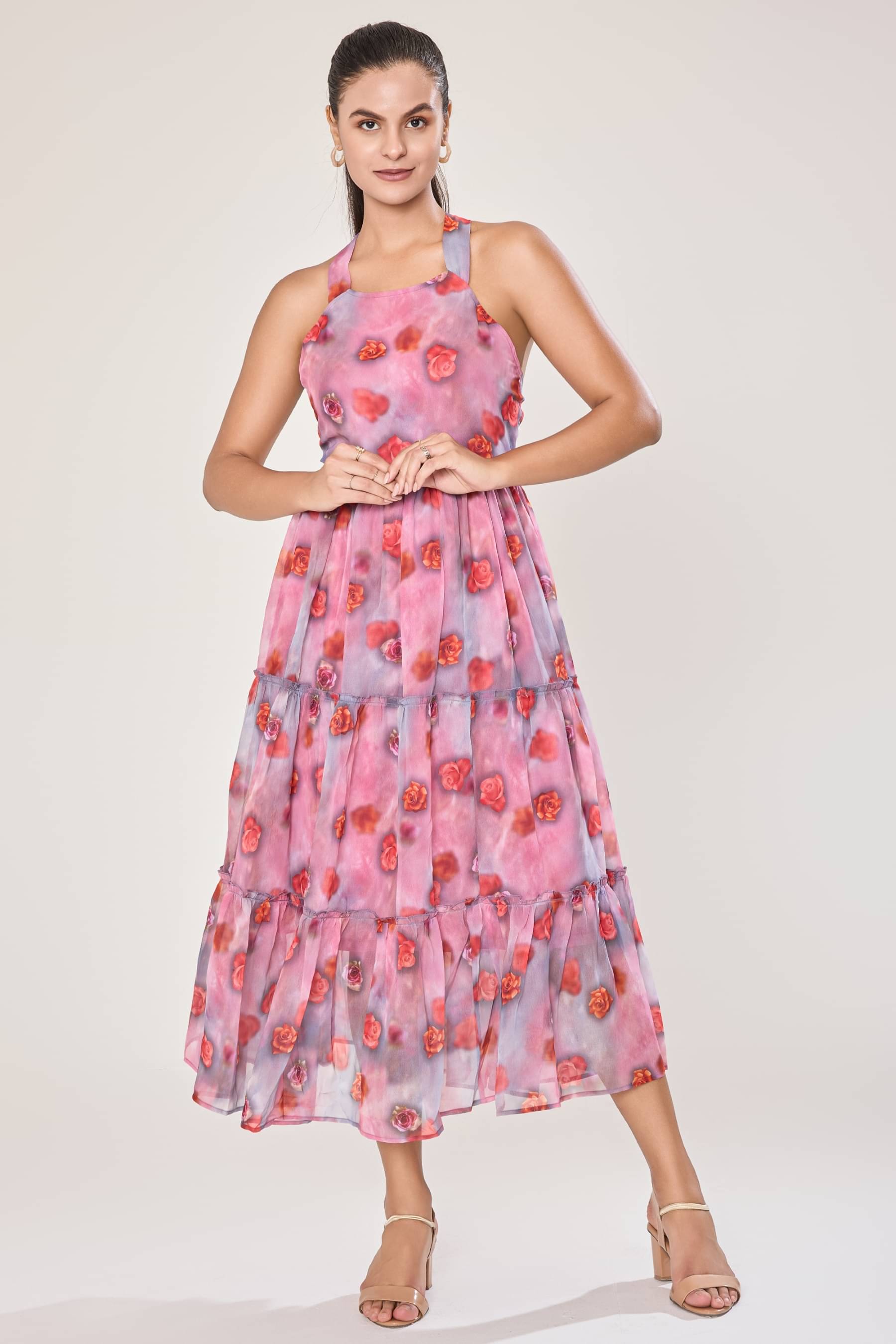     			Urban Sundari Women Georgette Printed Fit & Flare Dress ( Pink )