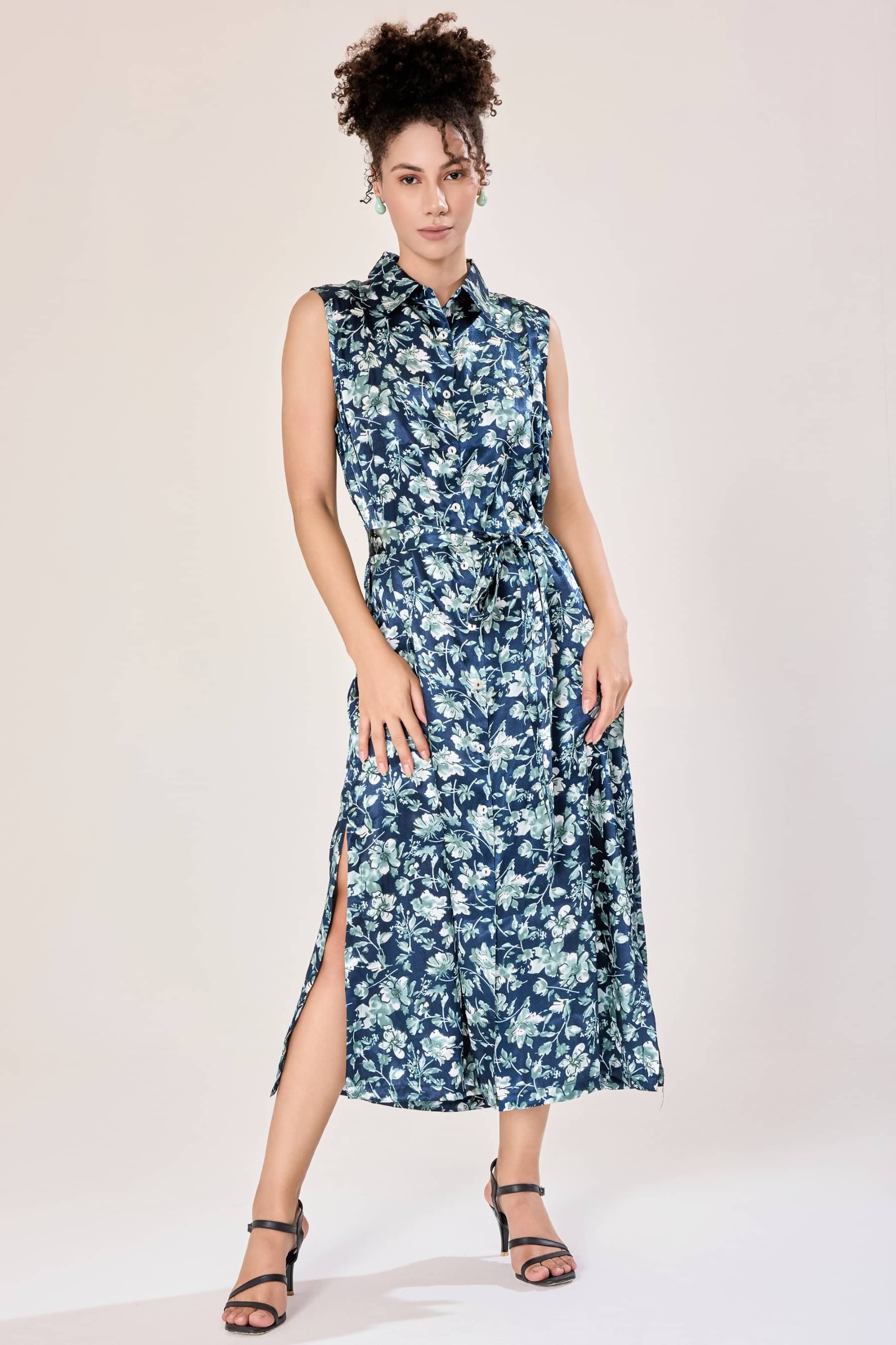     			Urban Sundari Women Satin Printed Shirt Dress ( Blue )