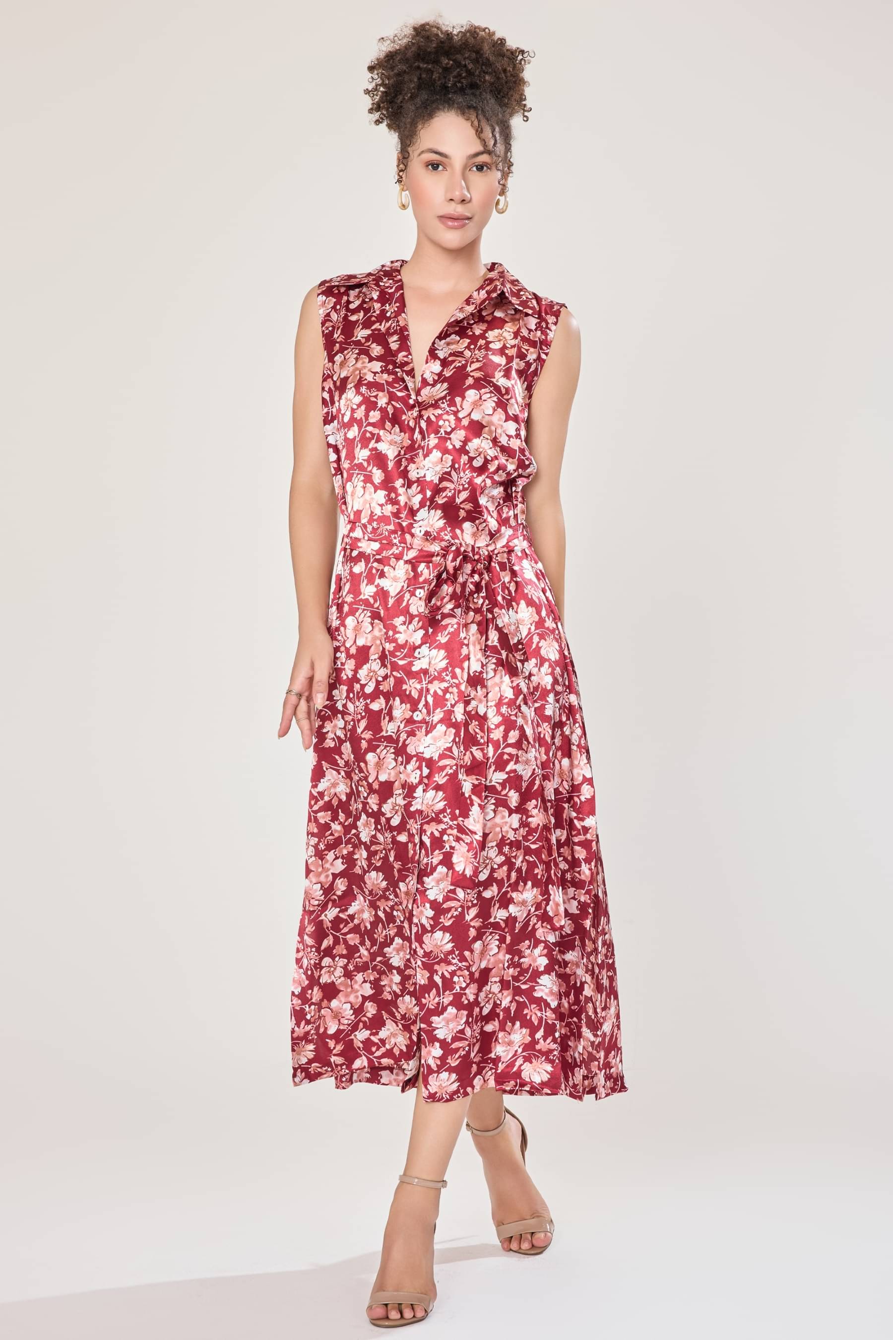     			Urban Sundari Women Satin Printed Shirt Dress ( Red )