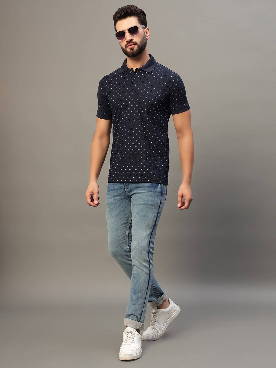 WESTMAN Pack of 1 Cotton Blend Regular Fit Printed Half Sleeves Men's Polo T Shirt ( Navy Blue ) WESTMAN Pack of 1 Cotton Blend Regular Fit Printed Half Sleeves Men's Polo T Shirt ( Navy Blue )