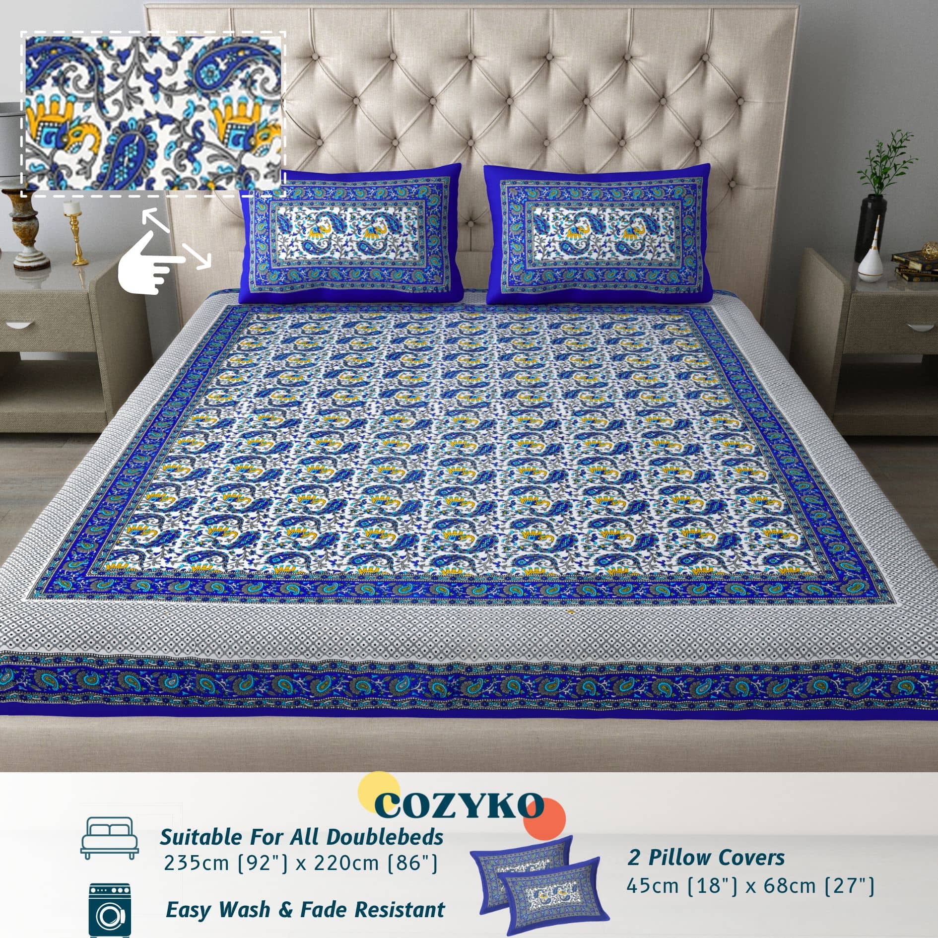COZYKO Cotton 1 Double Bedsheet with 2 Pillow Covers ( Blue )
