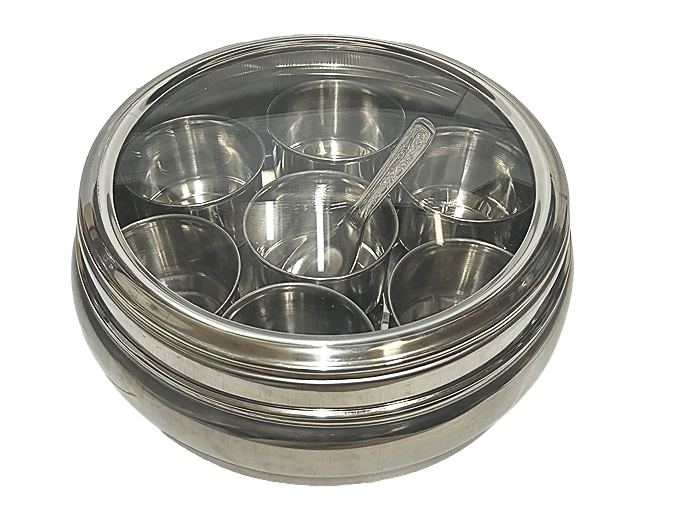 Dynore Belly Masala Dabba Steel Silver Spice Container ( Set of 1 ) Dynore Belly Masala Dabba Steel Silver Spice Container ( Set of 1 )
