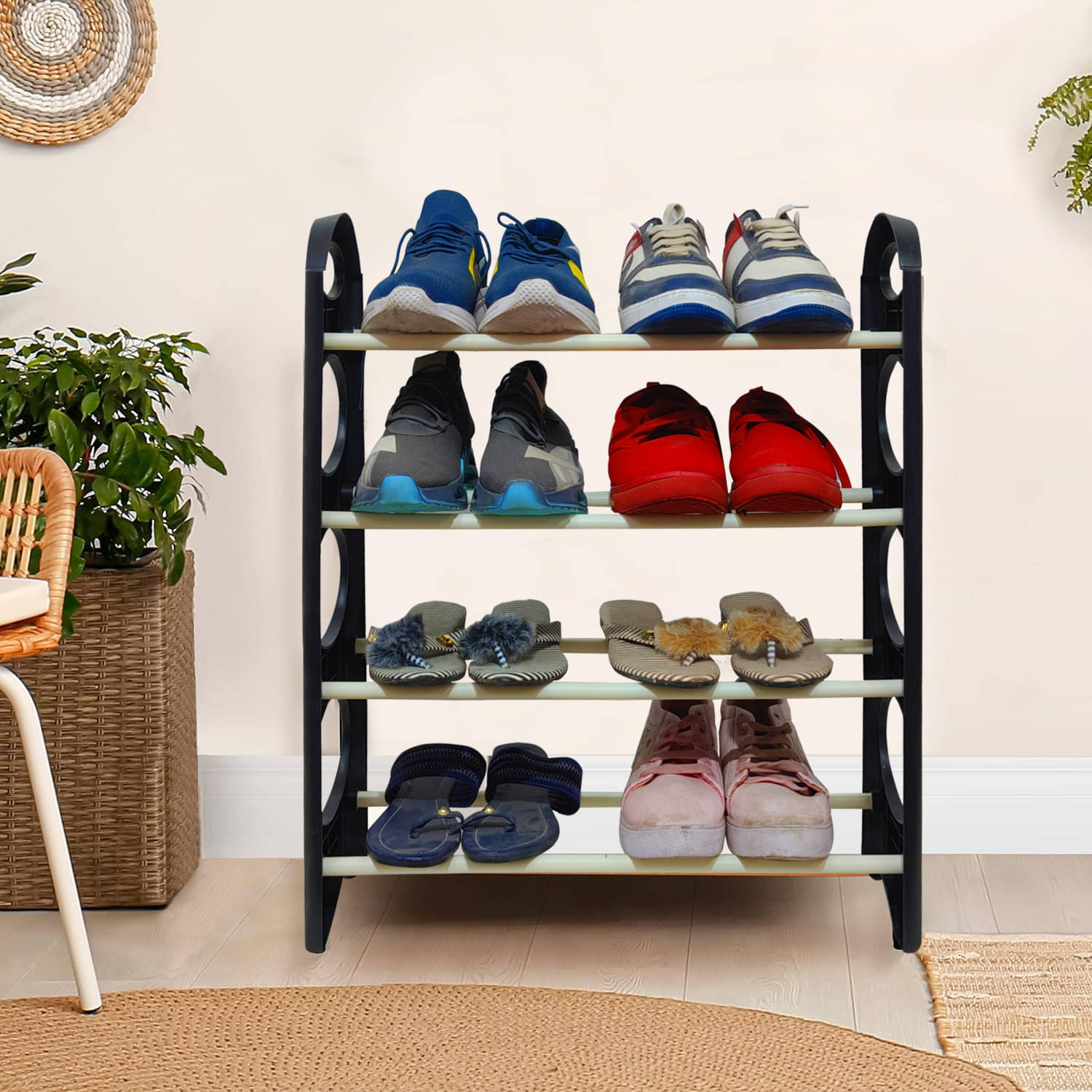 RMERCHNATS 4 Layer Open Shoe Rack Stand With Plastic Pipe Shoe Storage Organiser for Home & Office (Black) RMERCHNATS 4 Layer Open Shoe Rack Stand With Plastic Pipe Shoe Storage Organiser for Home & Office (Black)