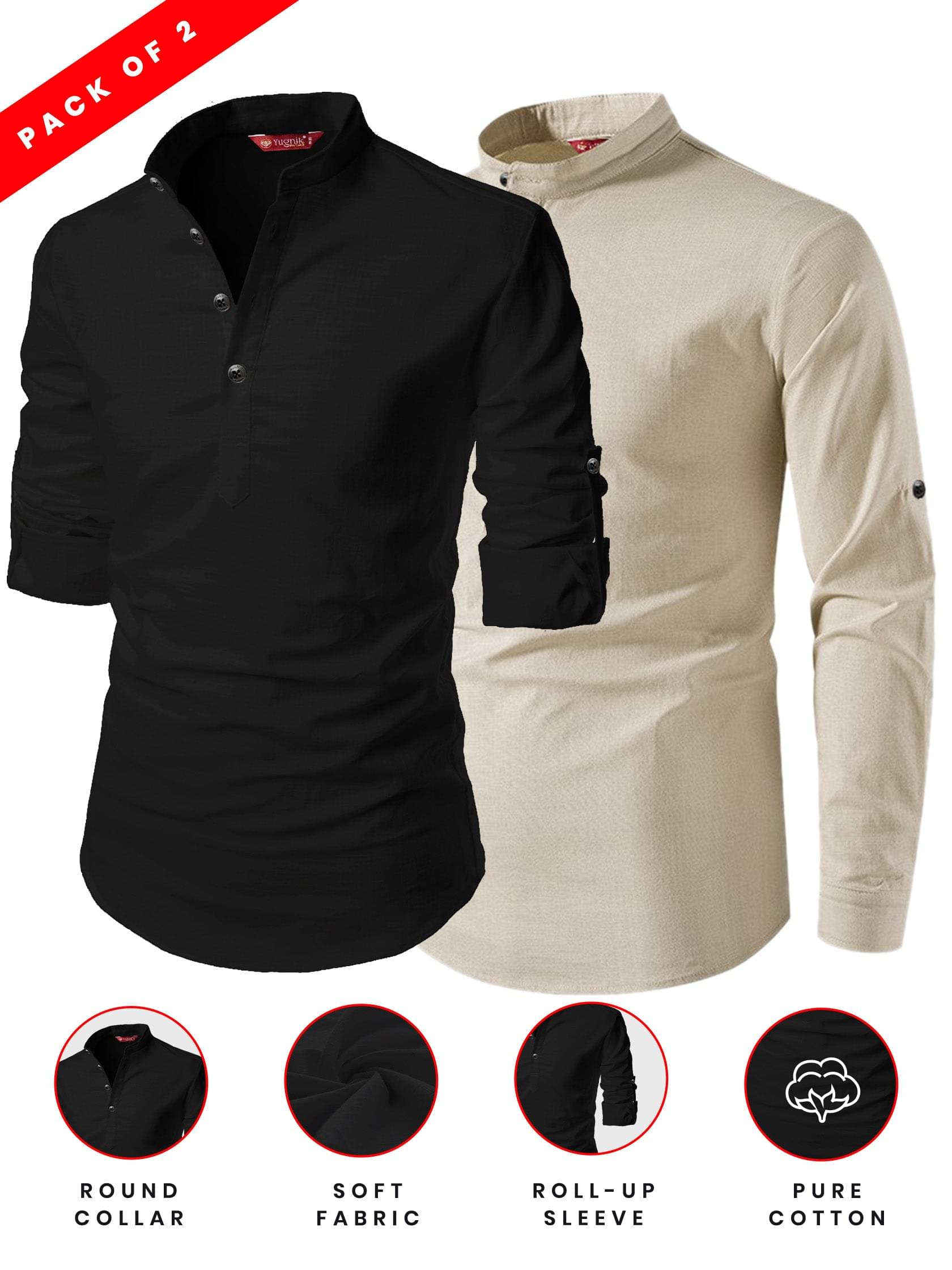     			Yugnik Beige Cotton Men's Shirt Style Kurta ( Pack of 2 )