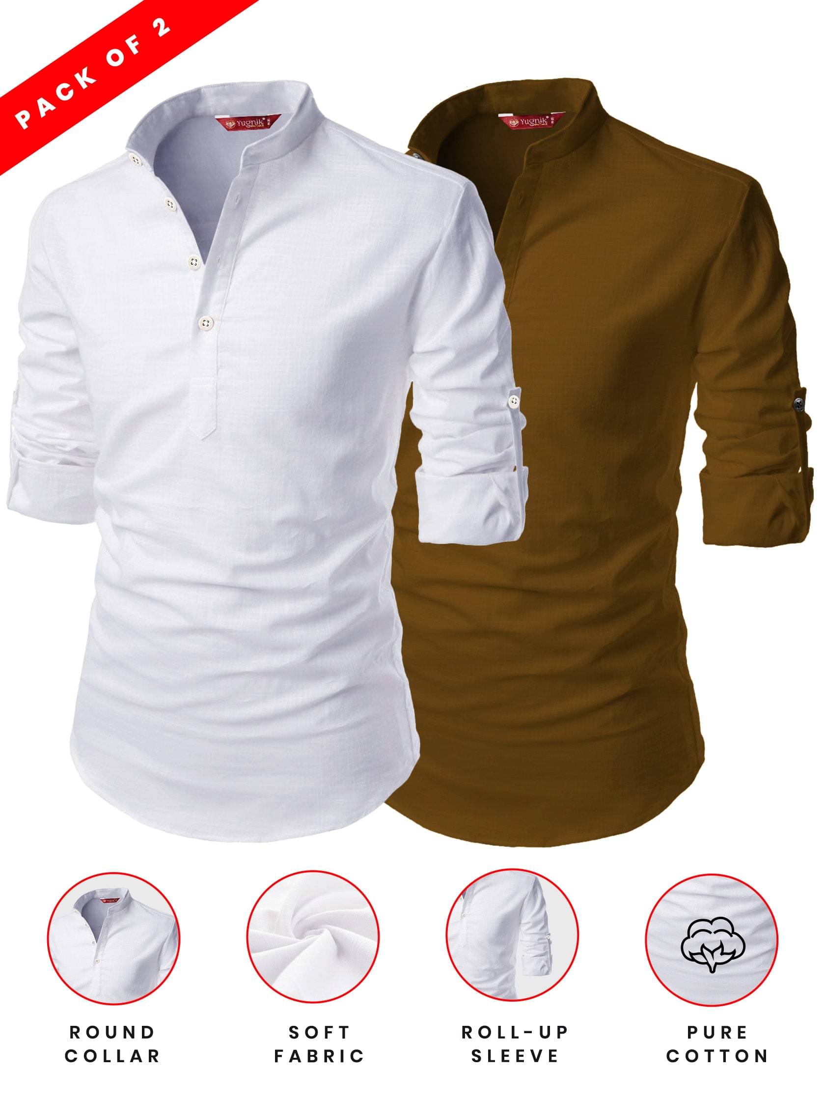     			Yugnik Gold Cotton Men's Shirt Style Kurta ( Pack of 2 )