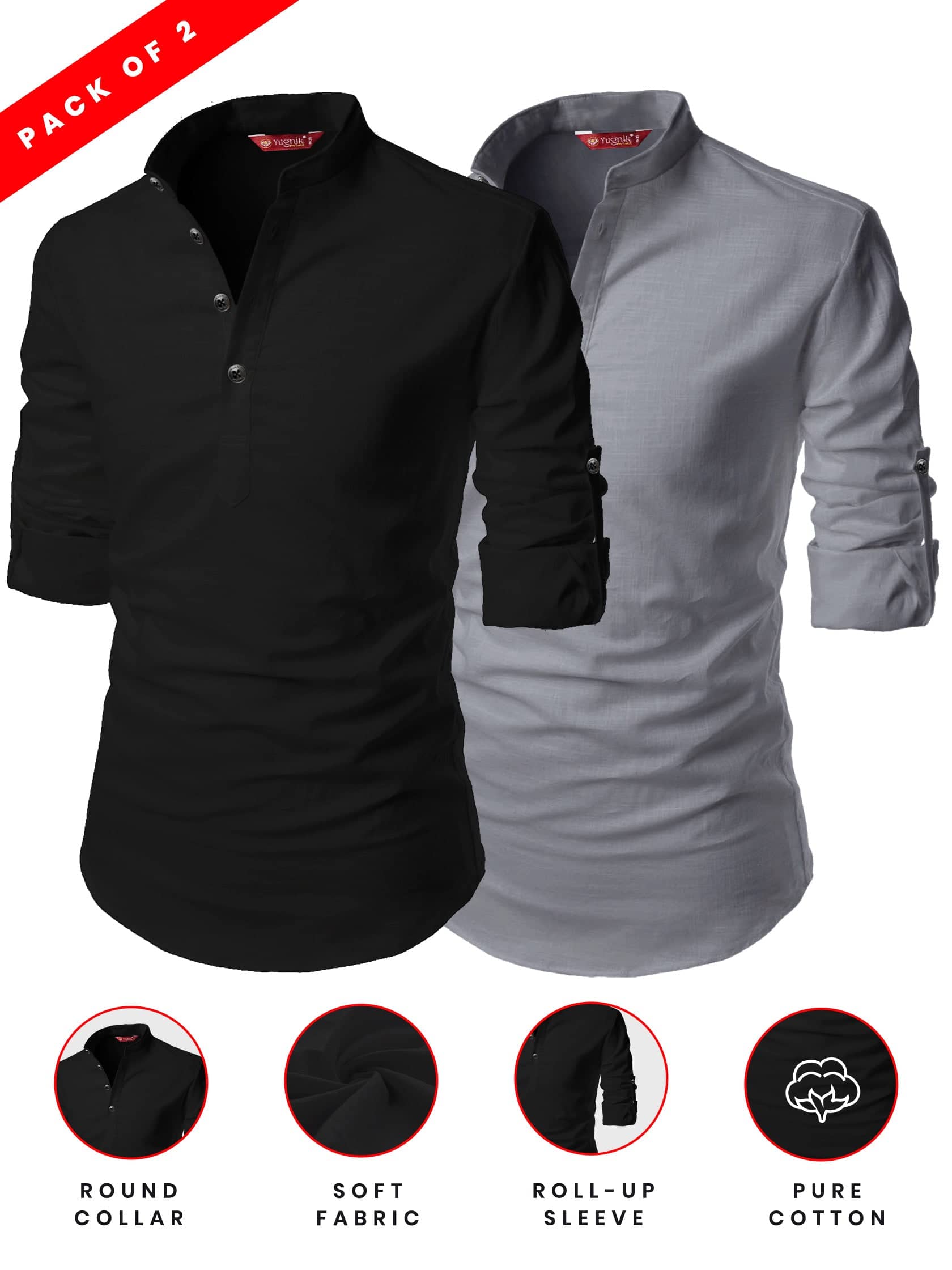 Yugnik Grey Cotton Men's Shirt Style Kurta ( Pack of 2 ) - Kurtas & Kurta Sets | Buy online on ZillyBuy