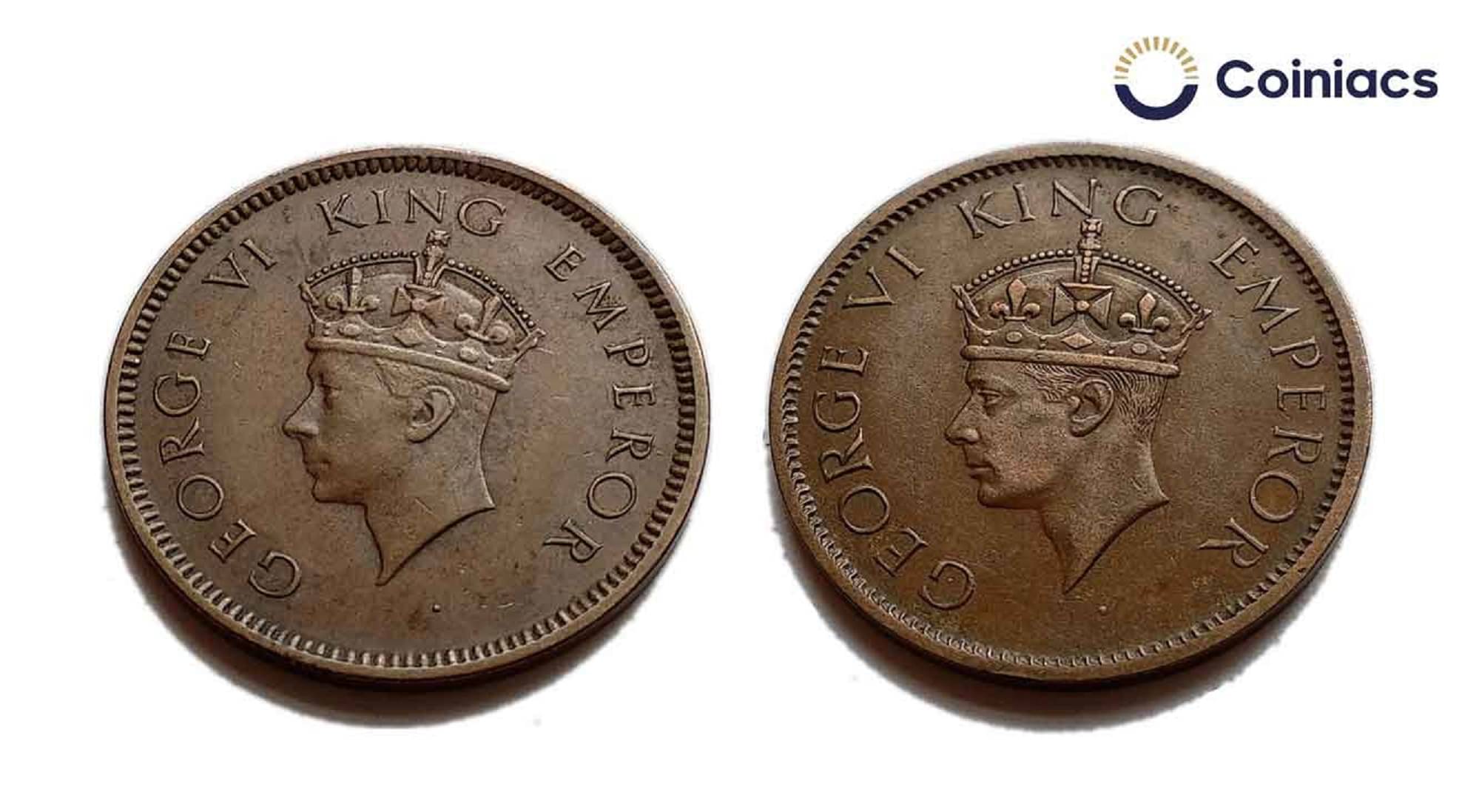    			COINIACS Rare SET of 2 Bronze Coins of George VI (Head Variety) 2 Coins SET, British India Uniform Coinage, Collectible.