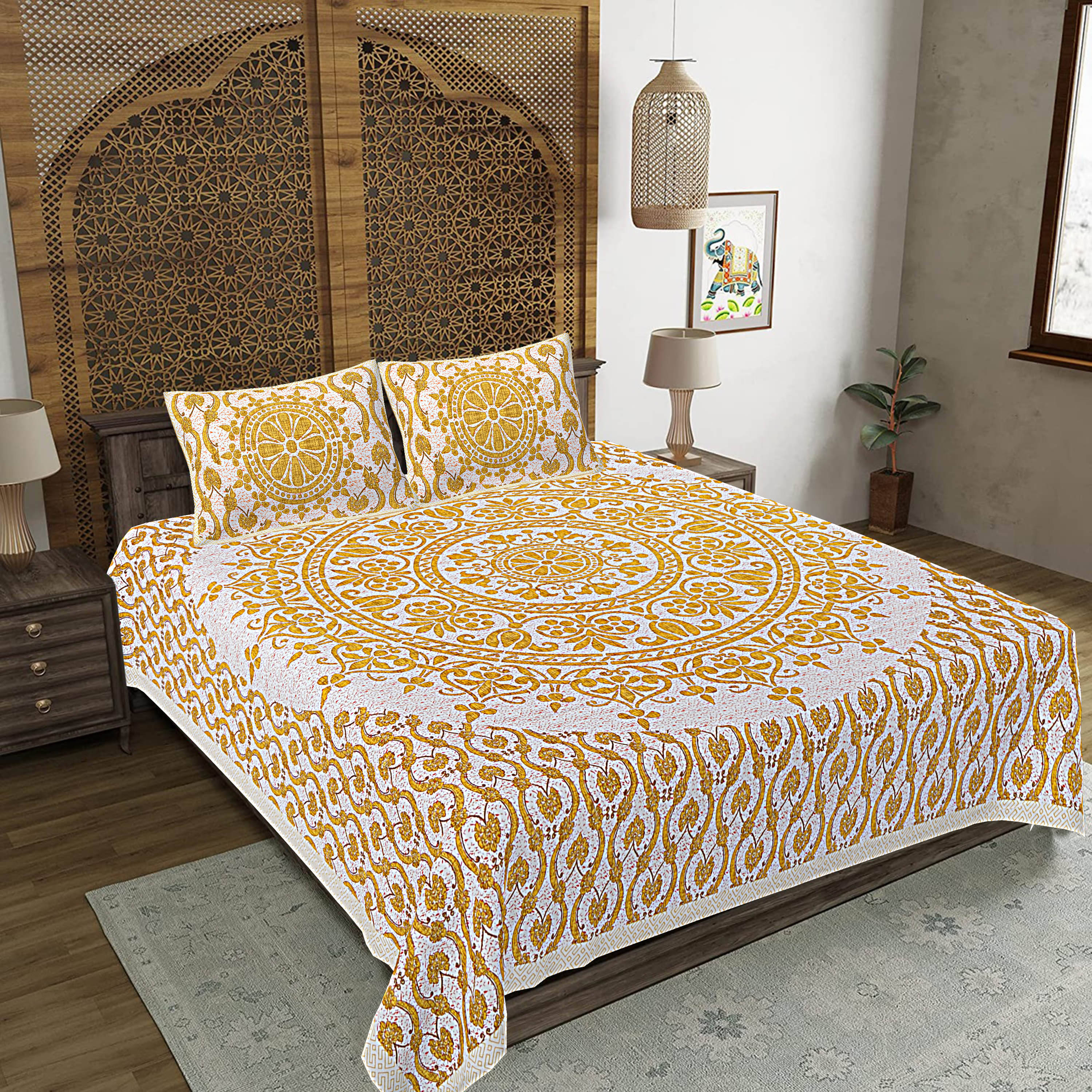 FrionKandy Living Cotton 1 Double King Bedsheet with 2 Pillow Covers ( Yellow ) FrionKandy Living Cotton 1 Double King Bedsheet with 2 Pillow Covers ( Yellow )