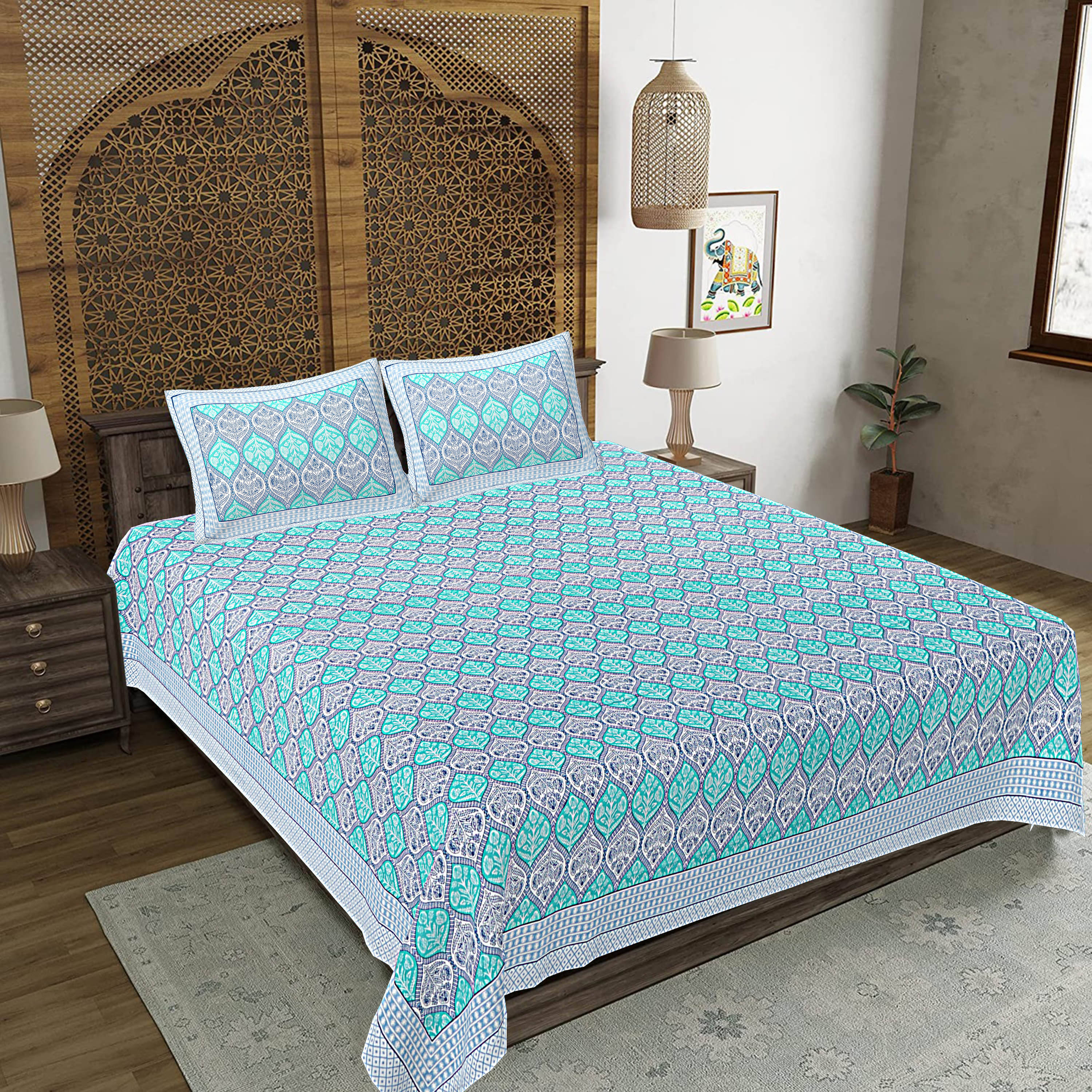 FrionKandy Living Cotton 1 Double King Bedsheet with 2 Pillow Covers ( Blue ) FrionKandy Living Cotton 1 Double King Bedsheet with 2 Pillow Covers ( Blue )