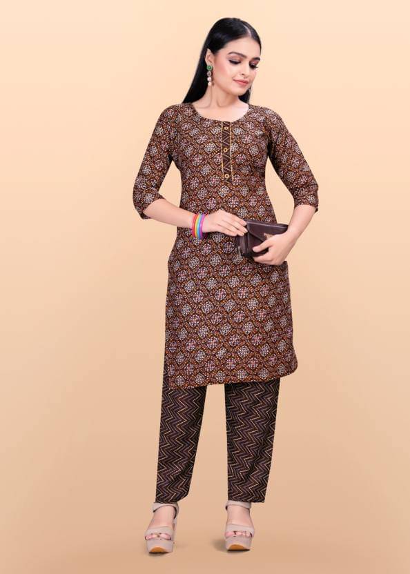 INDIAN SILKS Cotton Printed Kurti With Pants Women's Stitched Salwar Suit - Brown ( Pack of 1 ) INDIAN SILKS Cotton Printed Kurti With Pants Women's Stitched Salwar Suit - Brown ( Pack of 1 )
