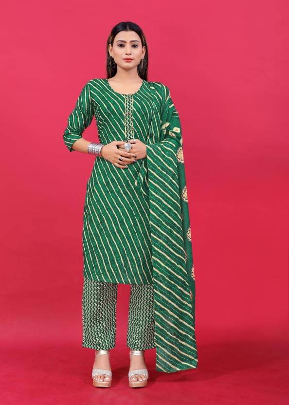 INDIAN SILKS Cotton Striped Kurti With Pants Women's Stitched Salwar Suit - Green ( Pack of 1 )     			INDIAN SILKS Cotton Striped Kurti With Pants Women's Stitched Salwar Suit - Green ( Pack of 1 )