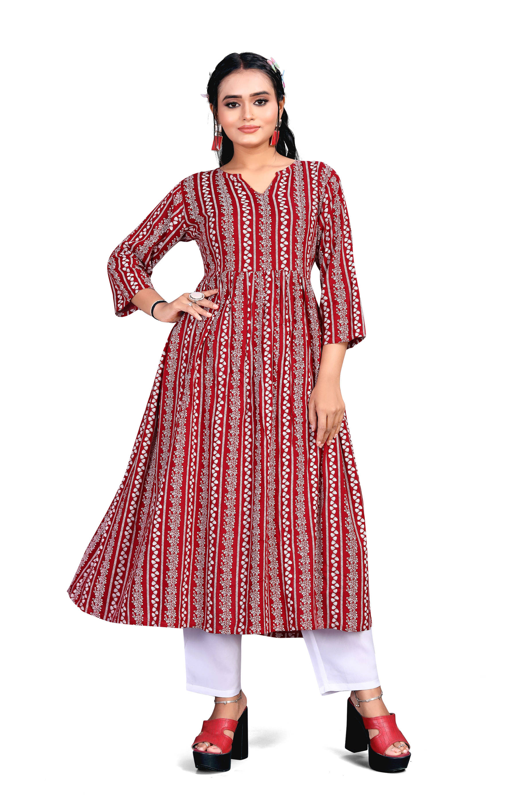     			INDIAN SILKS Rayon Printed Kurti With Pants Women's Stitched Salwar Suit - Red ( Pack of 1 )