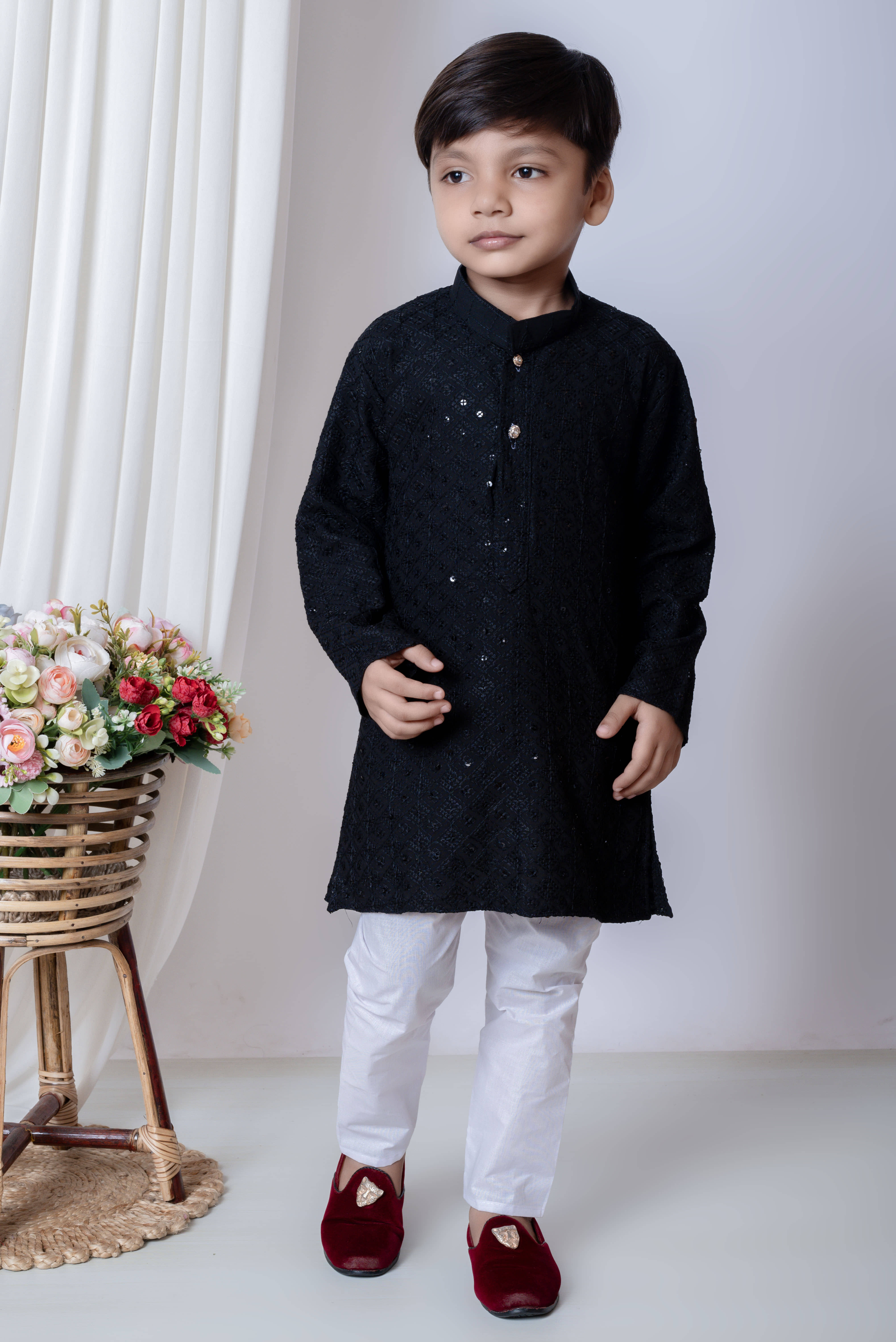 New Collection Boys Chanderi Sequined - Pattern Kurta Pant Set ( Dark Blue , Pack of 1 ) - Kurtas & Kurta Sets | Buy online on ZillyBuy