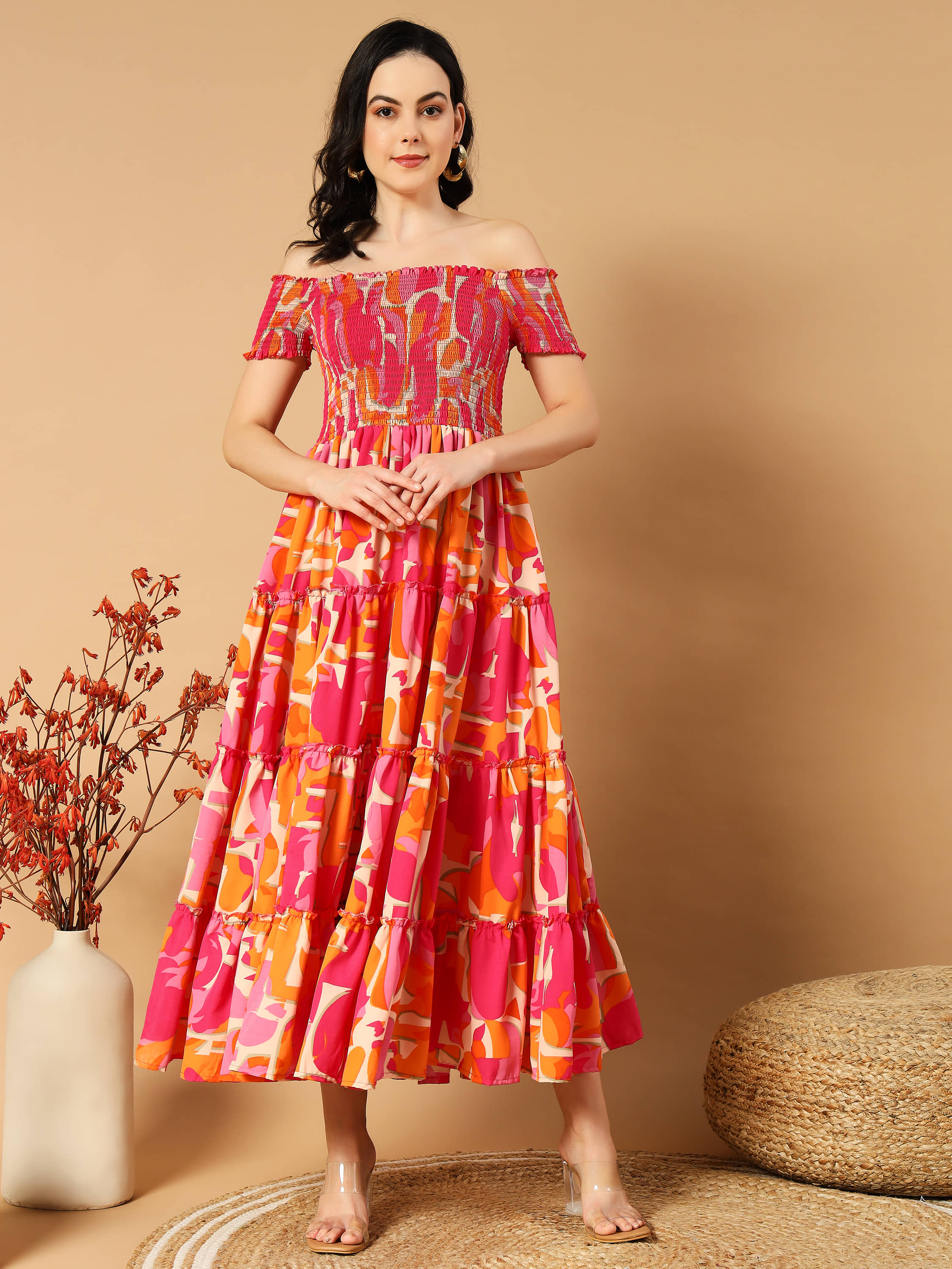OTABU Rayon Printed Midi Women's Fit & Flare Dress - Orange ( Pack of 1 )