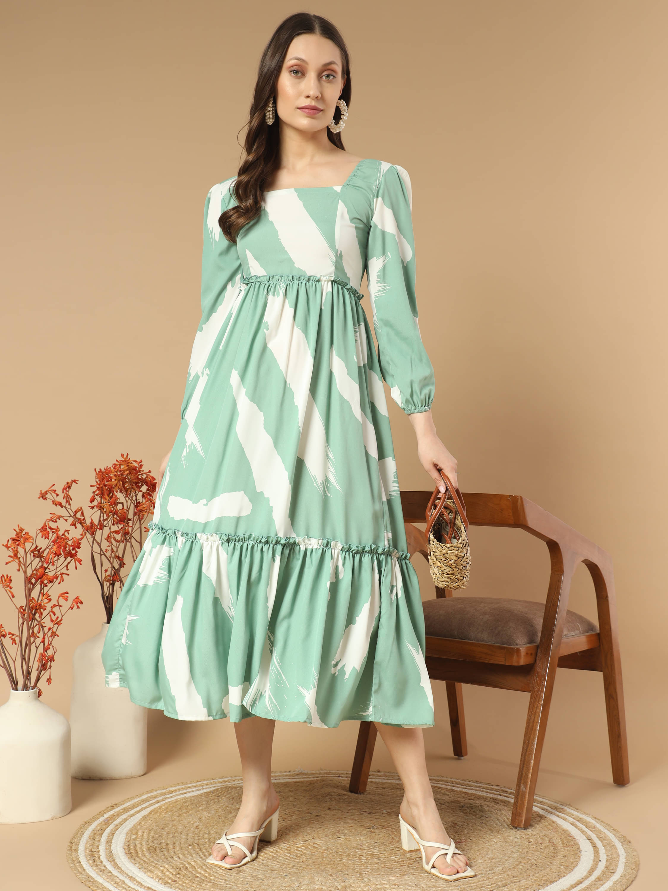     			OTABU Rayon Printed Midi Women's Fit & Flare Dress - Mint Green ( Pack of 1 )