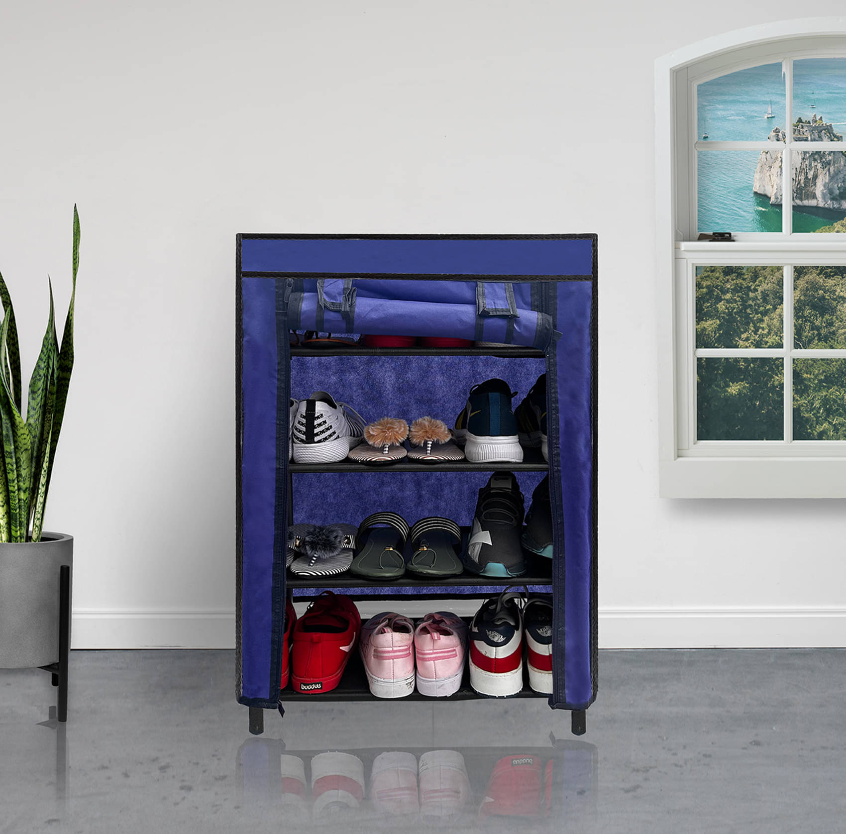 RMERCHANTS 4 Layer Metal Shoe Rack Stand with Cover Shoe Organiser for Home & Office (Blue)     			RMERCHANTS 4 Layer Metal Shoe Rack Stand with Cover Shoe Organiser for Home & Office (Blue)