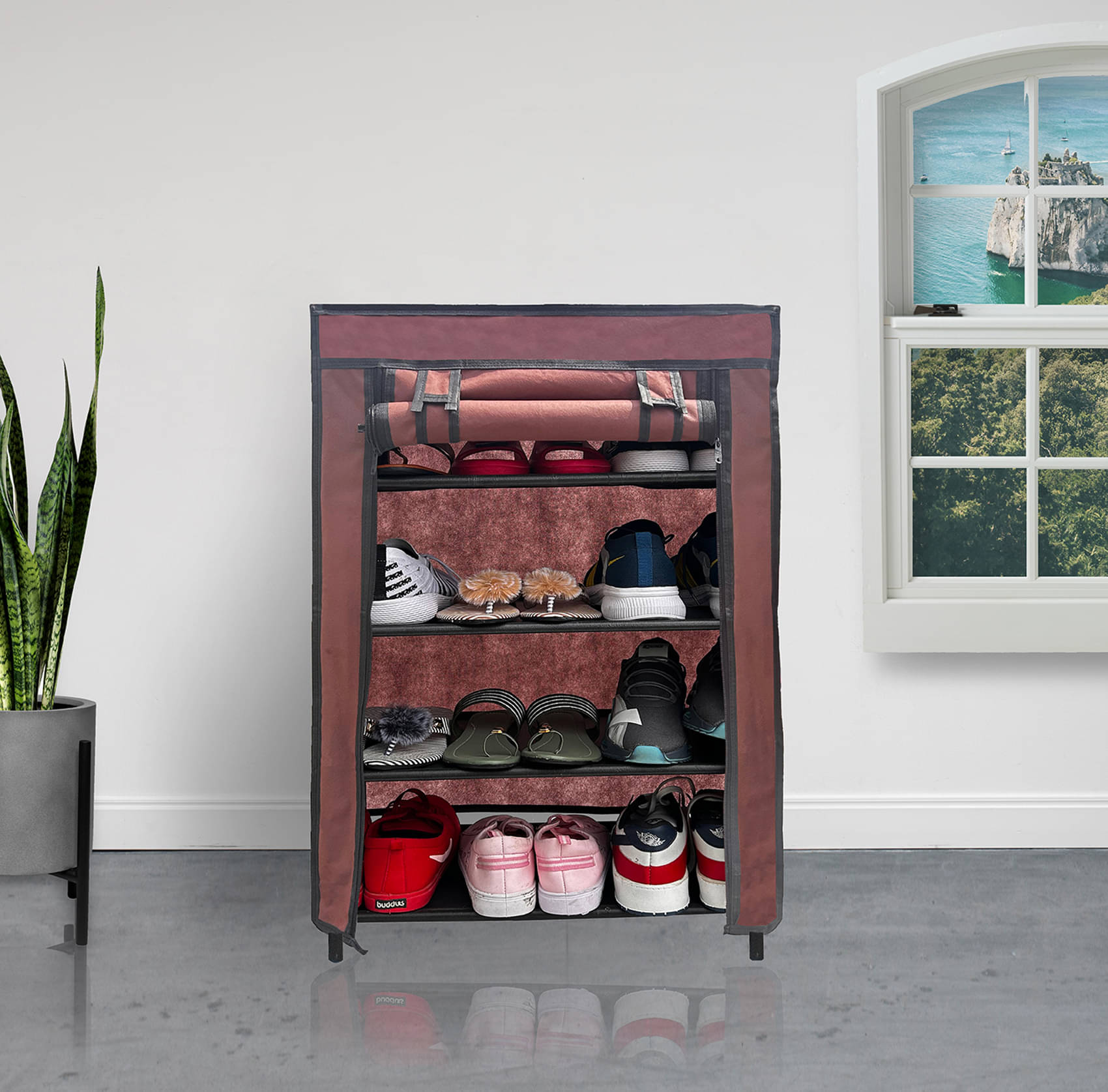     			RMERCHANTS 4 Layer Metal Shoe Rack Stand with Cover Shoe Organiser for Home & Office (Brown)