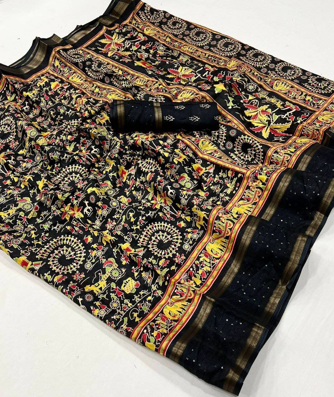 Arkia Silk Printed Saree With Unstitched Blouse Piece ( Black )     			Arkia Silk Printed Saree With Unstitched Blouse Piece ( Black )