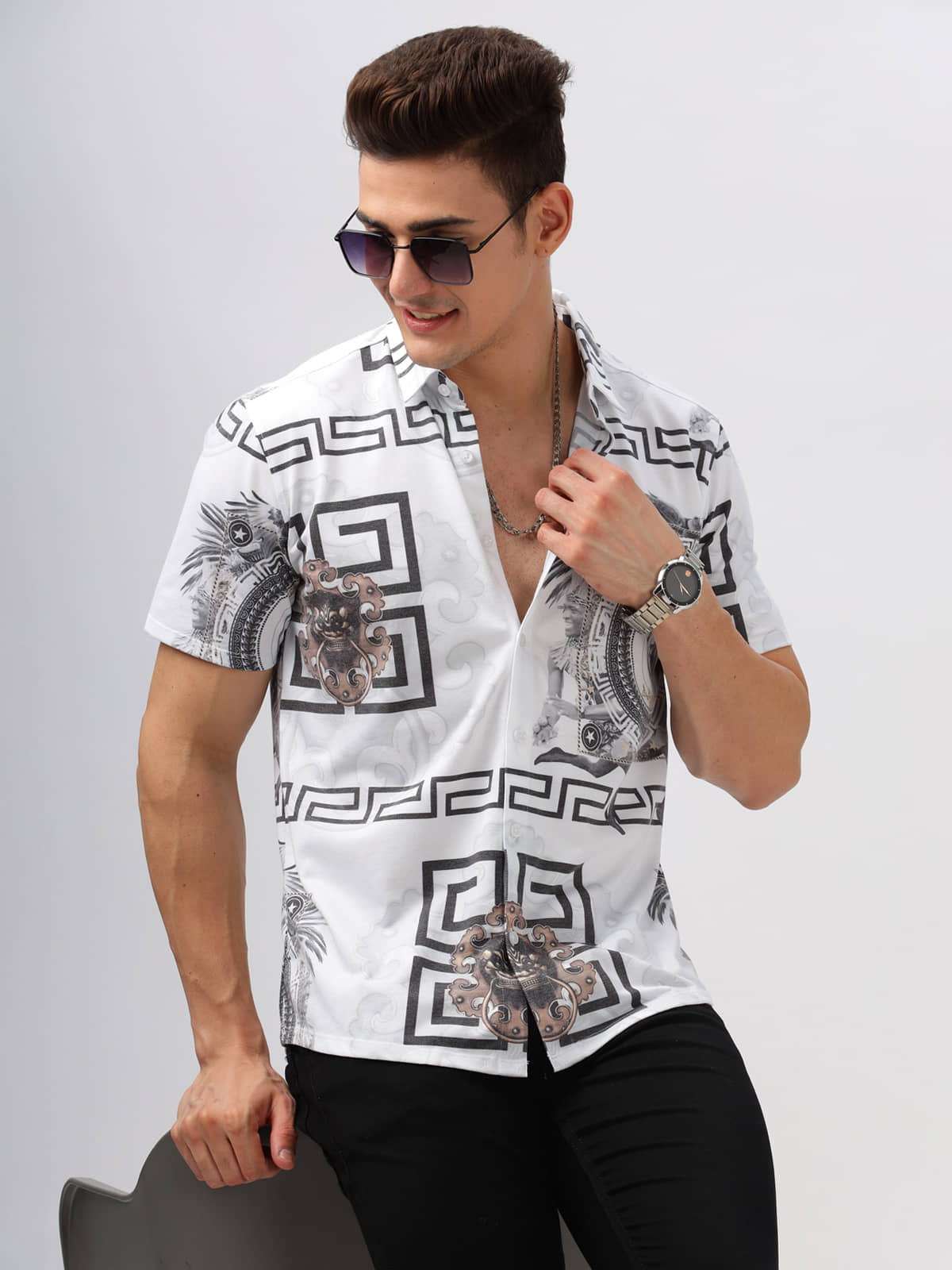 BULLMER Trendy Regular Fit Printed Causal Half Sleeve Shirt for Men White