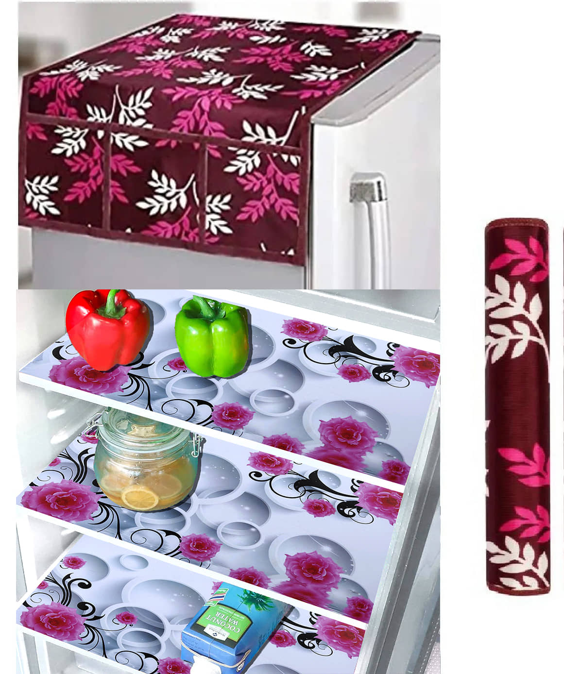 Crosmo Polyester Floral Printed Fridge Mat & Cover ( 99 53 ) Pack of 5 - Multicolor