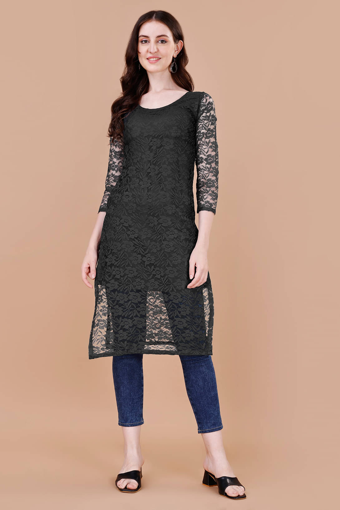     			FORKEY Net Self Design Straight Women's Kurti - Black ( Pack of 1 )