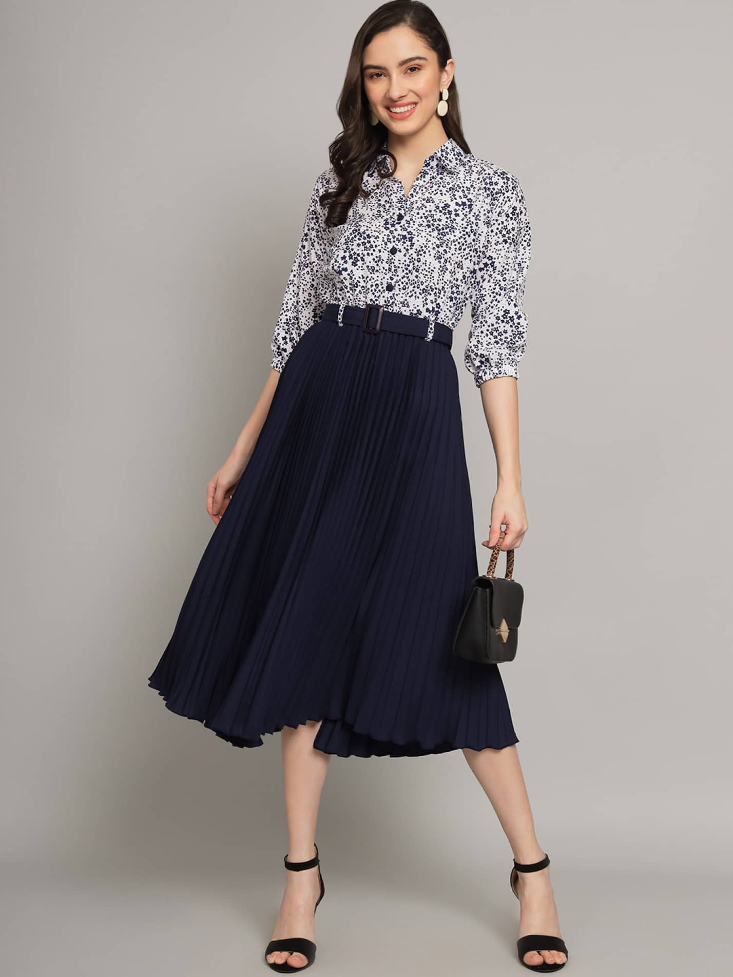 Femvy Women Polyester Printed Fit & Flare Dress ( Blue )
