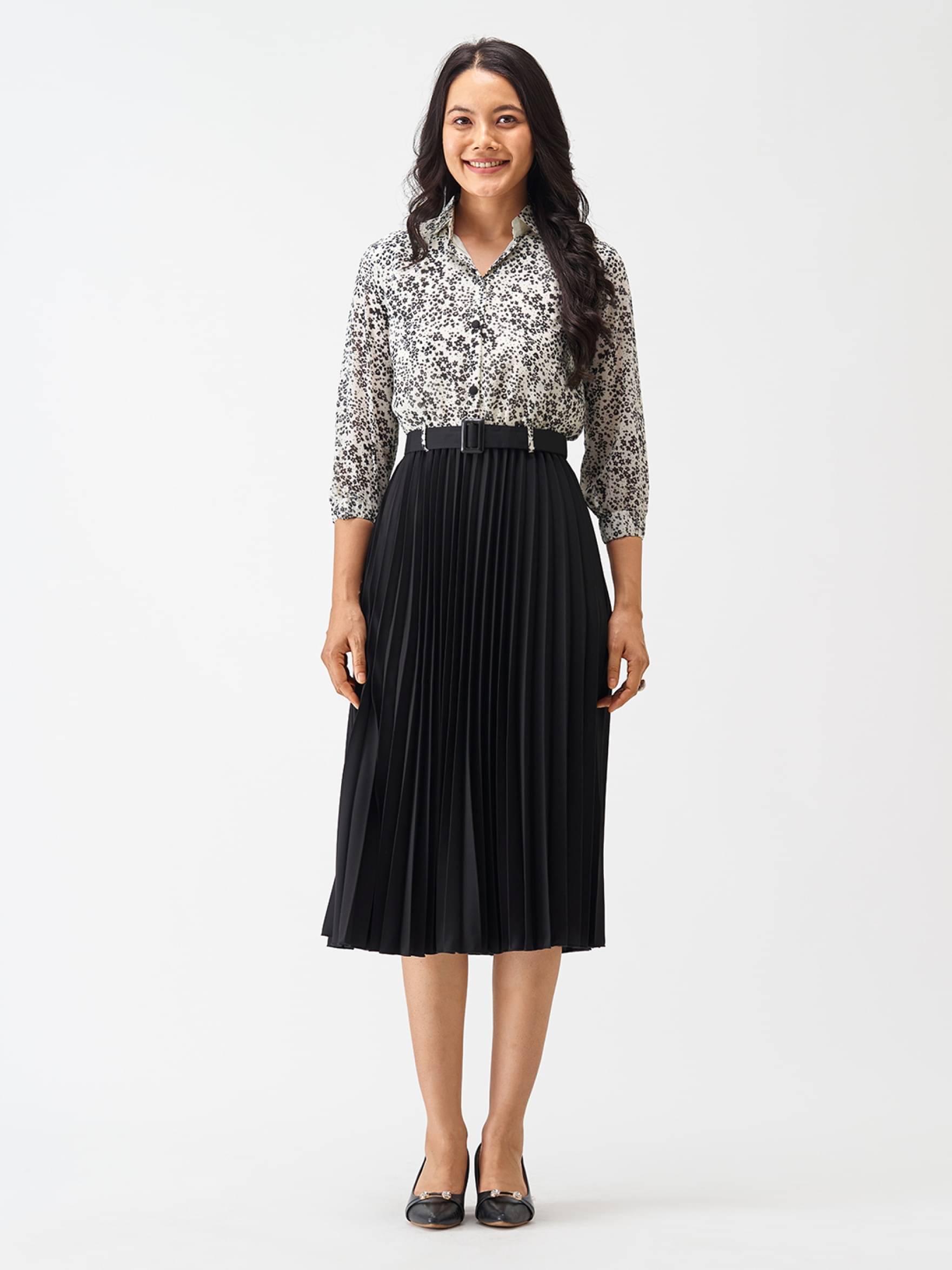     			Femvy Women Polyester Printed Fit & Flare Dress ( Black )