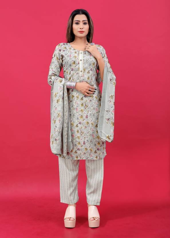     			INDIAN SILKS Cotton Printed Kurti With Pants Women's Stitched Salwar Suit - Grey ( Pack of 1 )