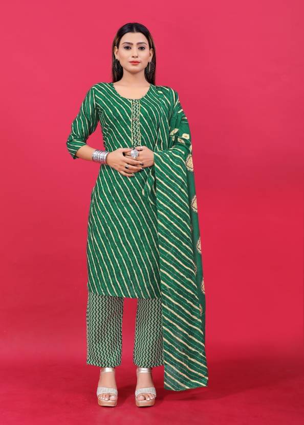     			INDIAN SILKS Cotton Striped Kurti With Pants Women's Stitched Salwar Suit - Green ( Pack of 1 )